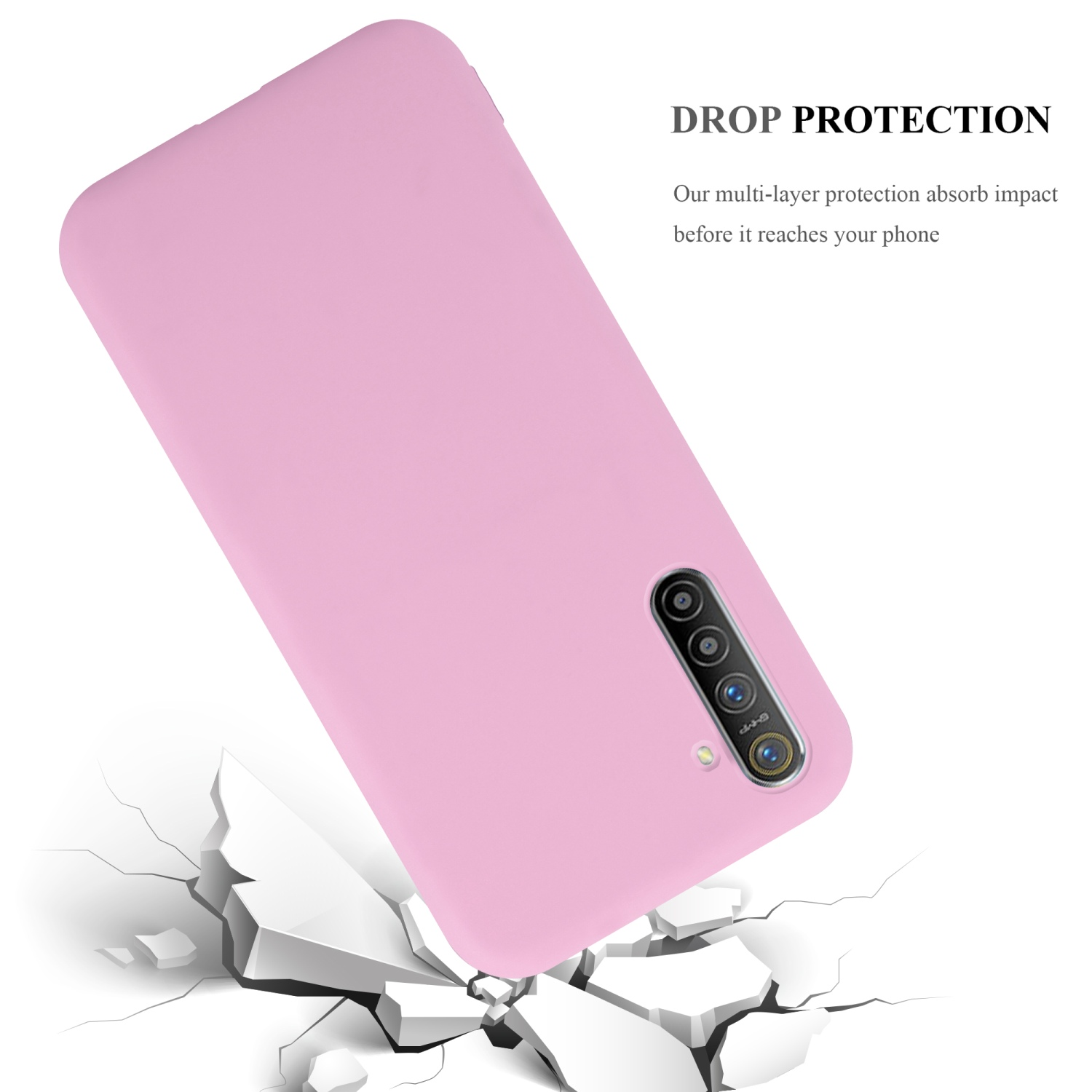 Pinke Handyhülle fällt, zerbricht Oberfläche. Text sagt 'Drop Protection'.