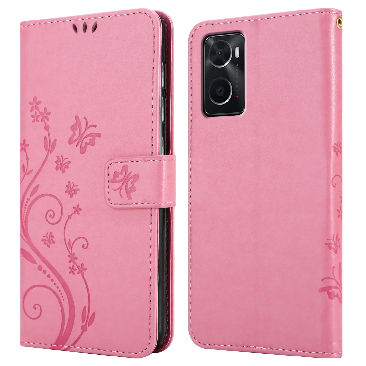 Custodia a portafoglio rosa per telefono, aperta e chiusa, con un design floreale e a farfalla.