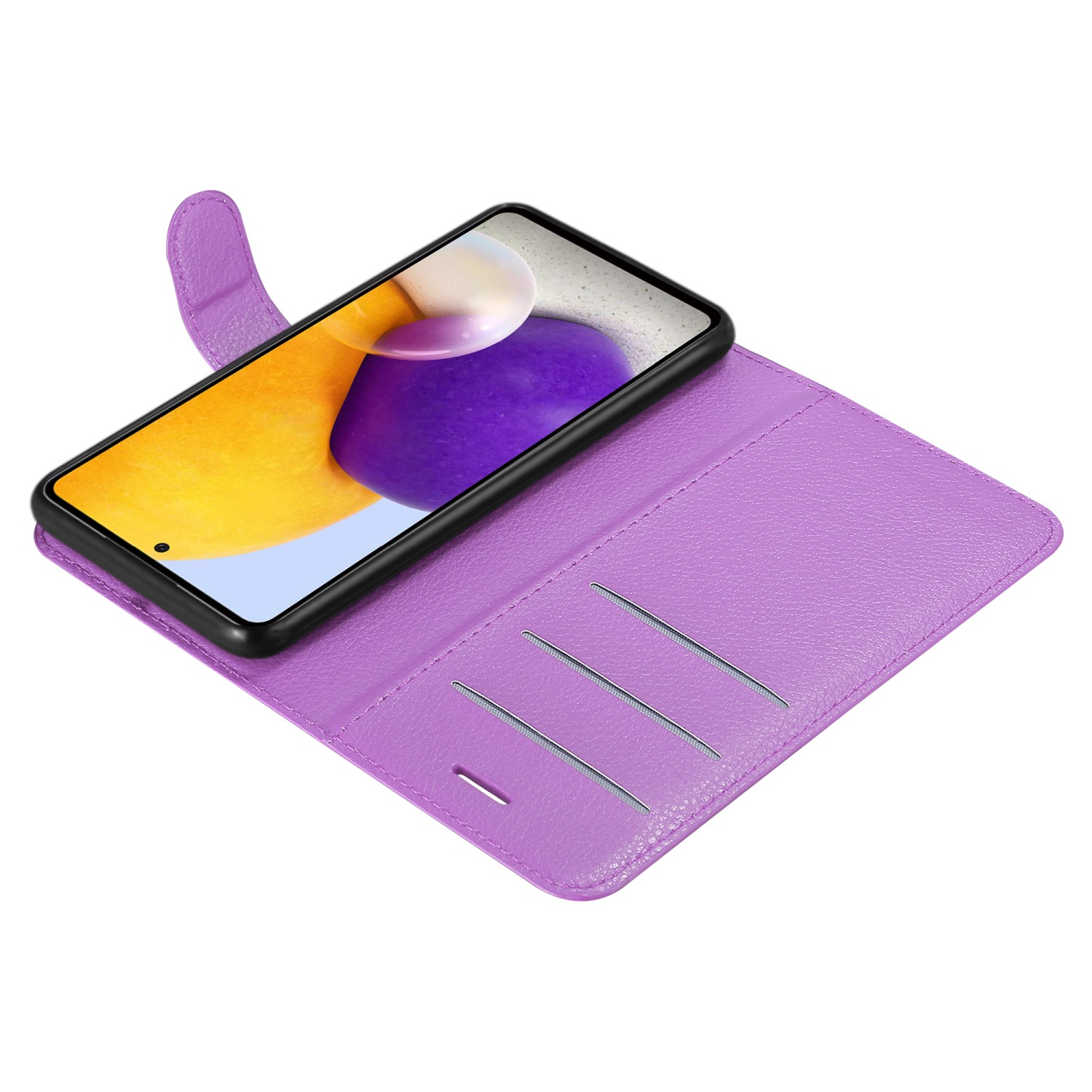Una custodia per telefono viola, aperta, con un telefono all'interno. Il telefono ha uno schermo viola e giallo.