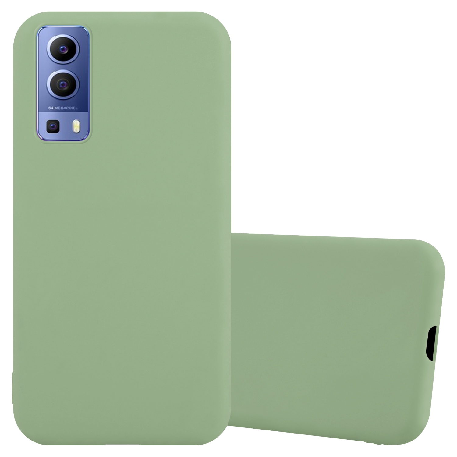 Una custodia per telefono verde con un telefono all'interno. La custodia è chiusa e la fotocamera del telefono è visibile.