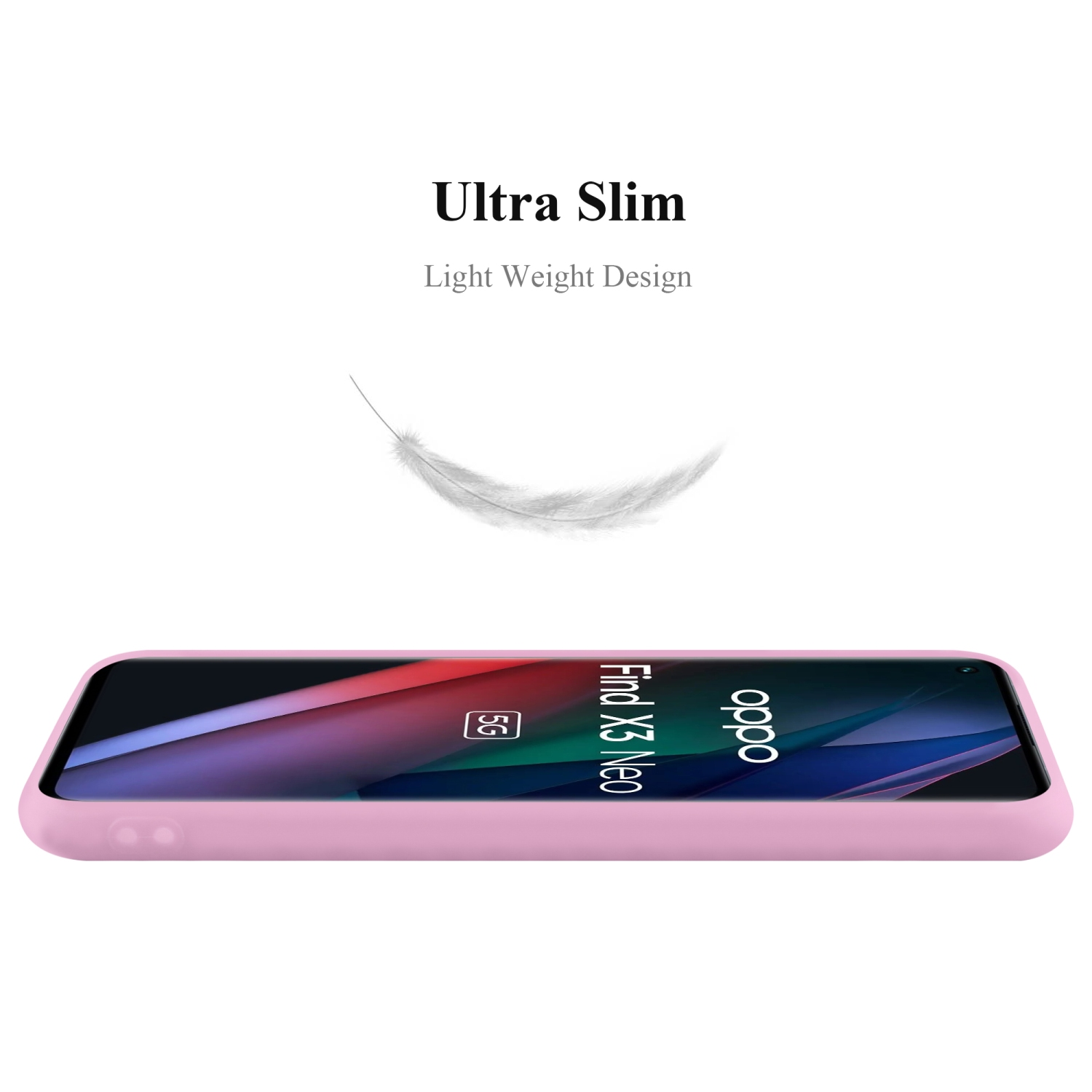 Una custodia per telefono rosa, ultra sottile con una piuma che fluttua sopra.