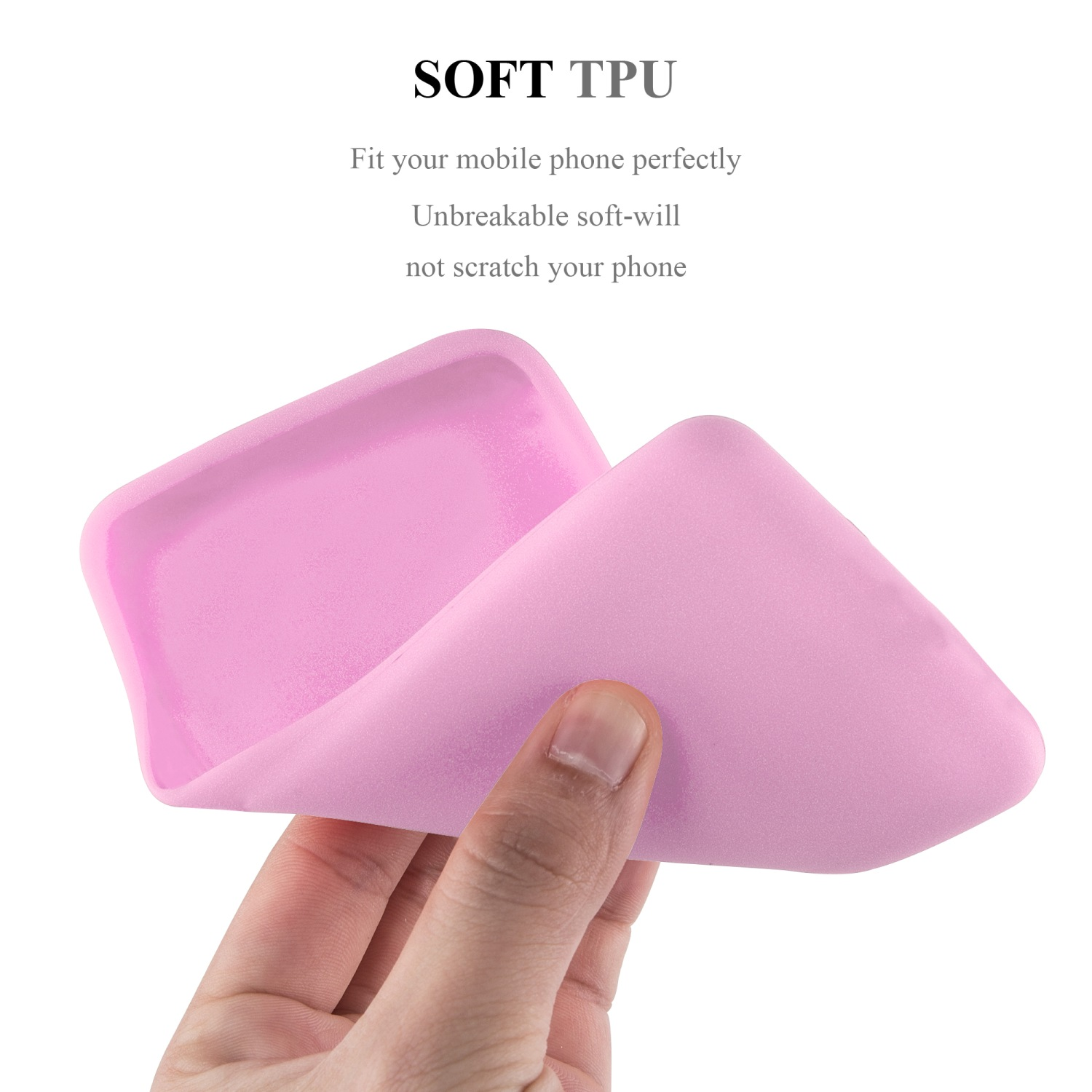 Una custodia rosa flessibile per telefono, tenuta da una mano.