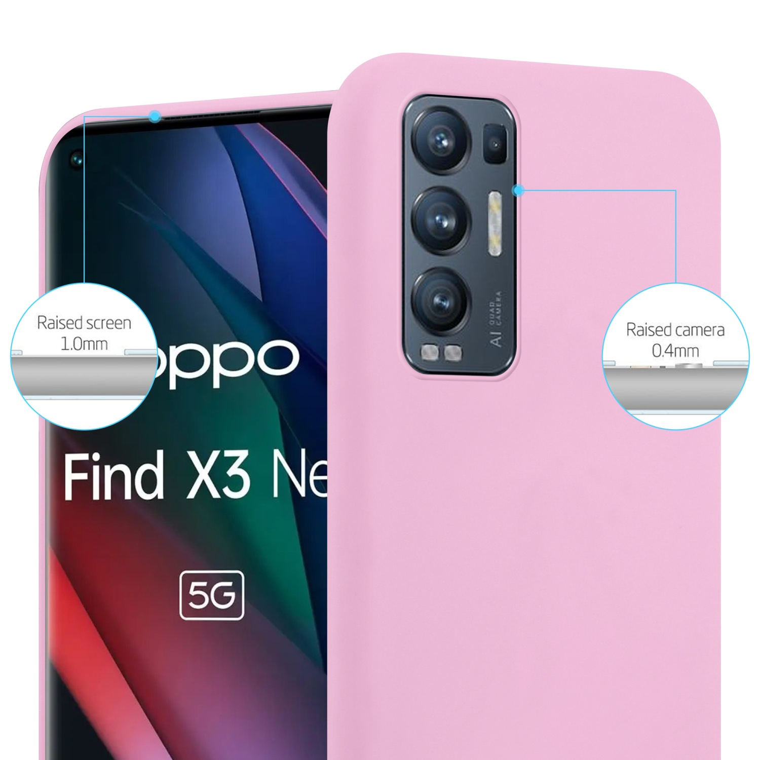 Custodia per telefono rosa con bordi rialzati per schermo e fotocamera. Il testo indica 1,0 mm e 0,4 mm. Il telefono è Oppo Find X3 Neo.