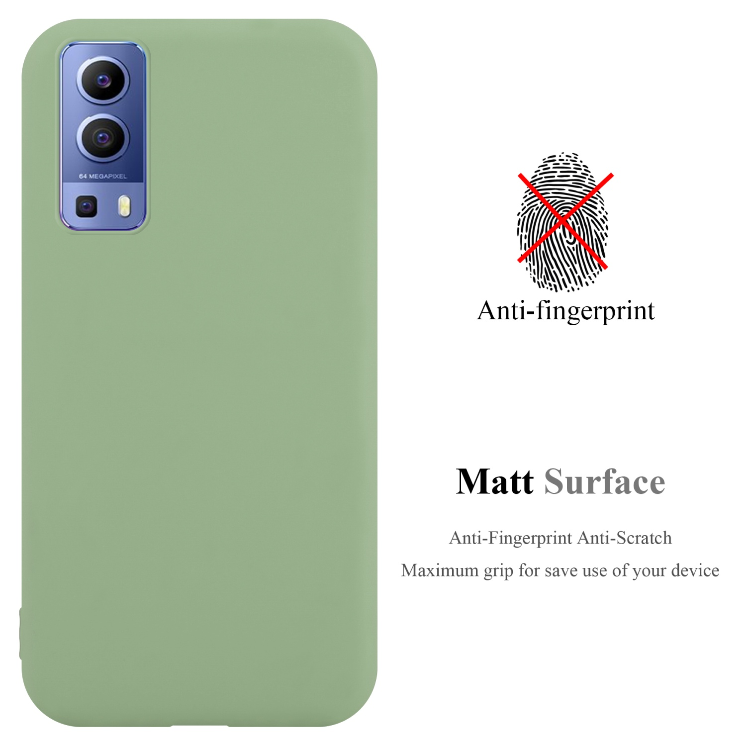Custodia per telefono verde con proprietà anti-impronta e superficie opaca e un telefono all'interno.