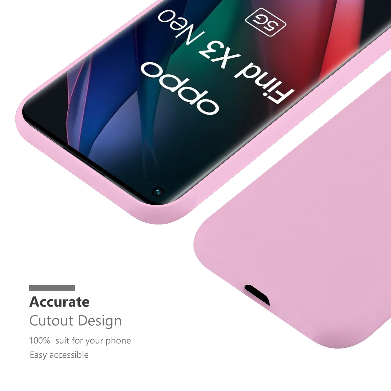 Una custodia rosa con un telefono all'interno. Il telefono è rosa e ha la parola OPPO sullo schermo.
