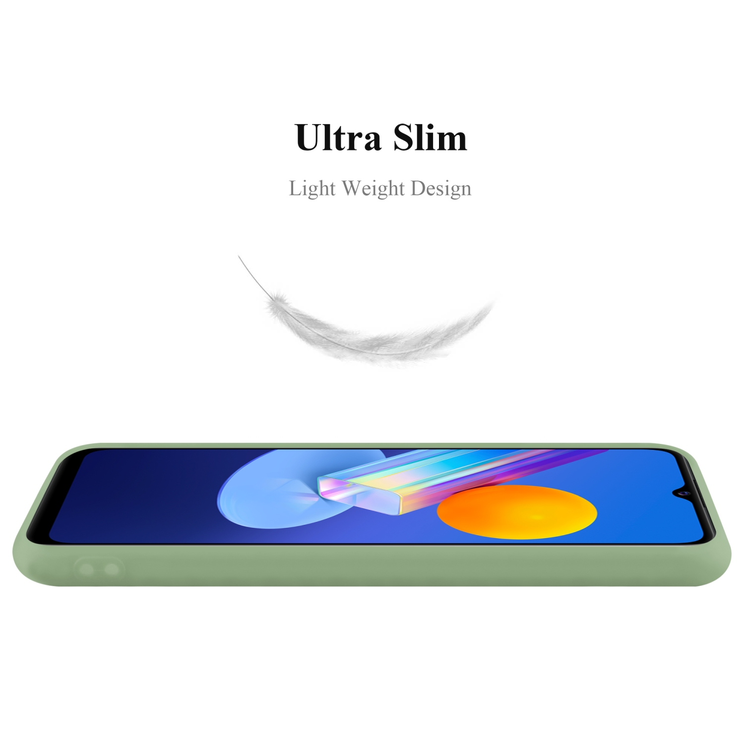 Custodia verde per telefono con telefono all'interno. Mostra Ultra Slim e Light Weight Design in bianco.