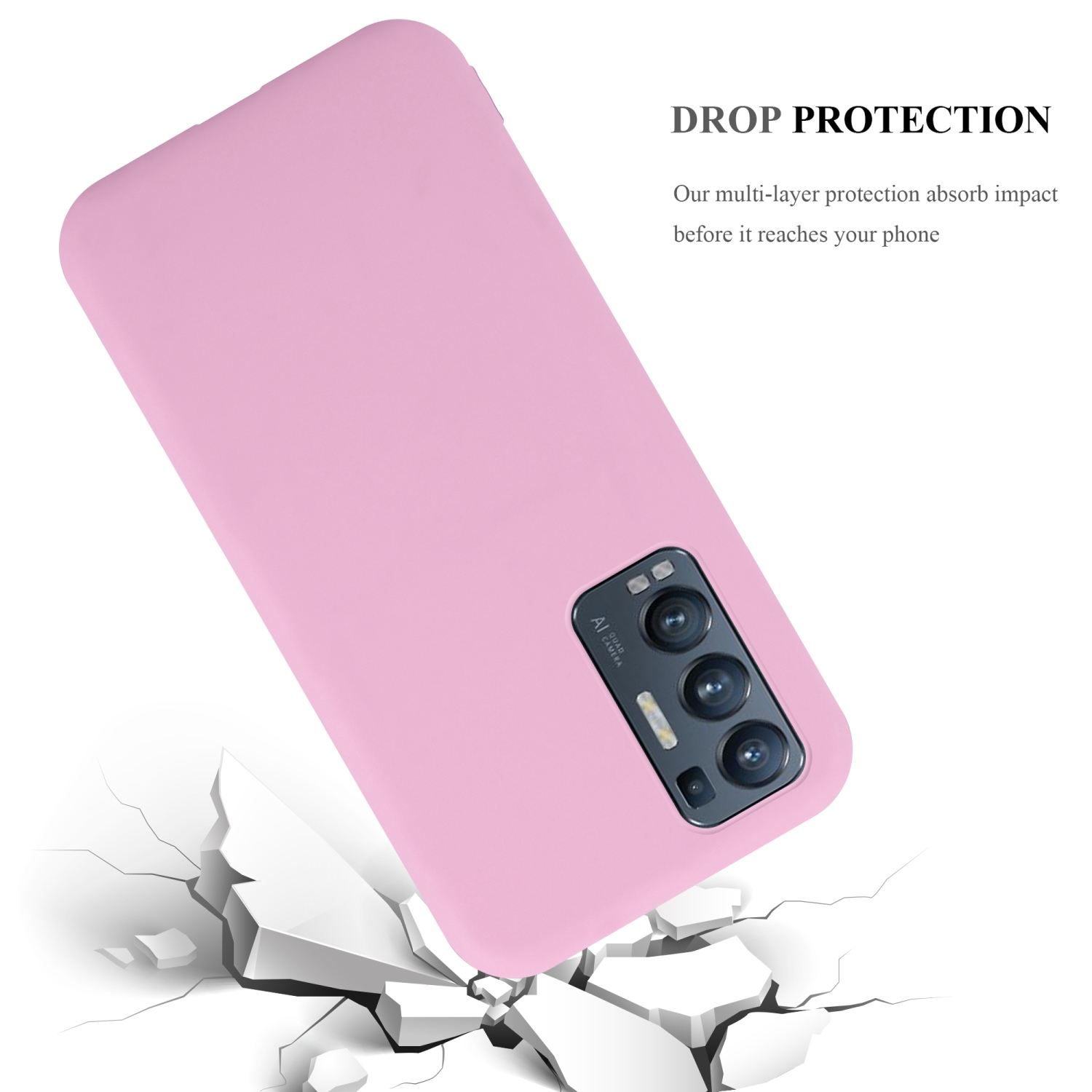 Una custodia rosa con un telefono dentro, su sfondo bianco, con terreno crepato.