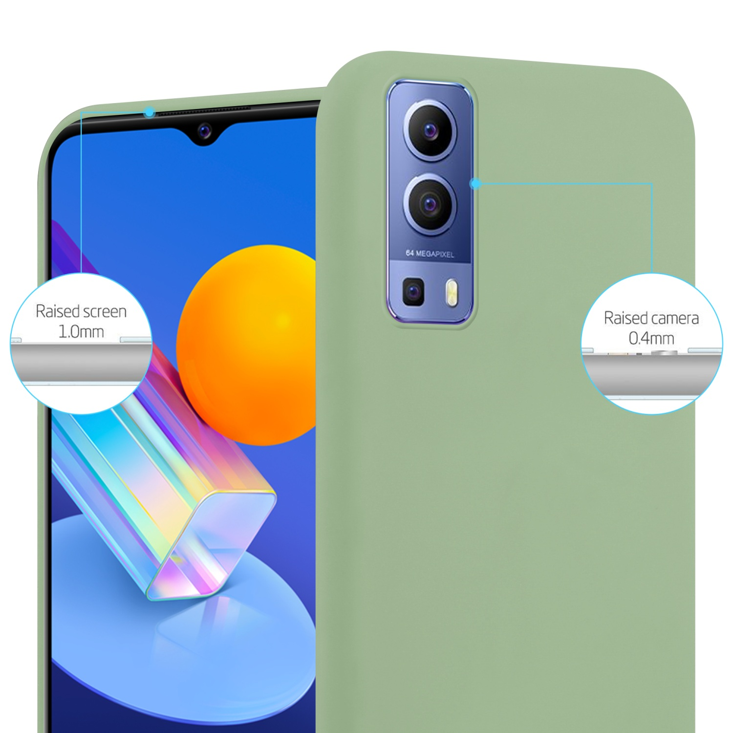 Una custodia verde chiaro con un telefono dentro, che mostra i dettagli della fotocamera. Il testo menziona 'Raised screen'.