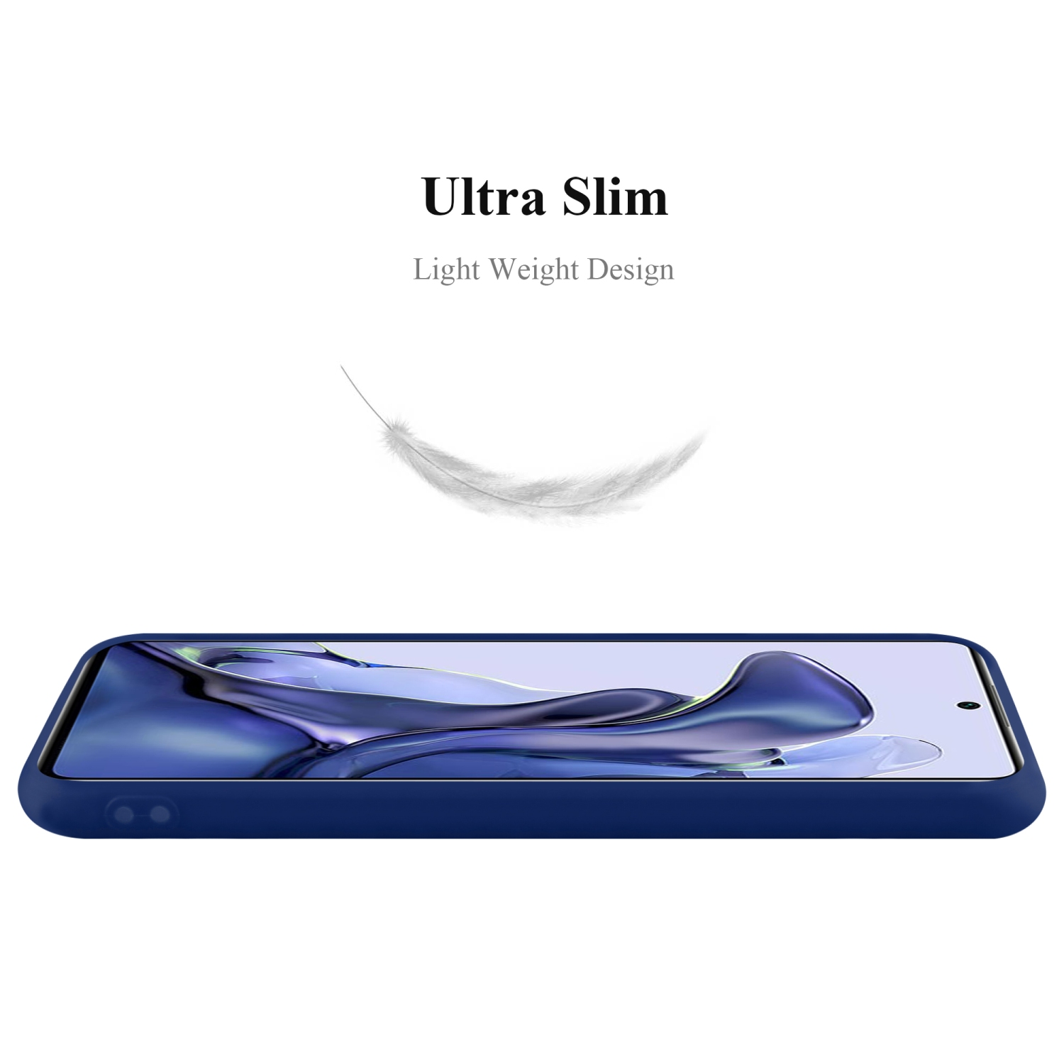 Eine dunkelblaue Handyhülle mit einem Telefon darin. Text: Ultra Slim, Light Weight Design.