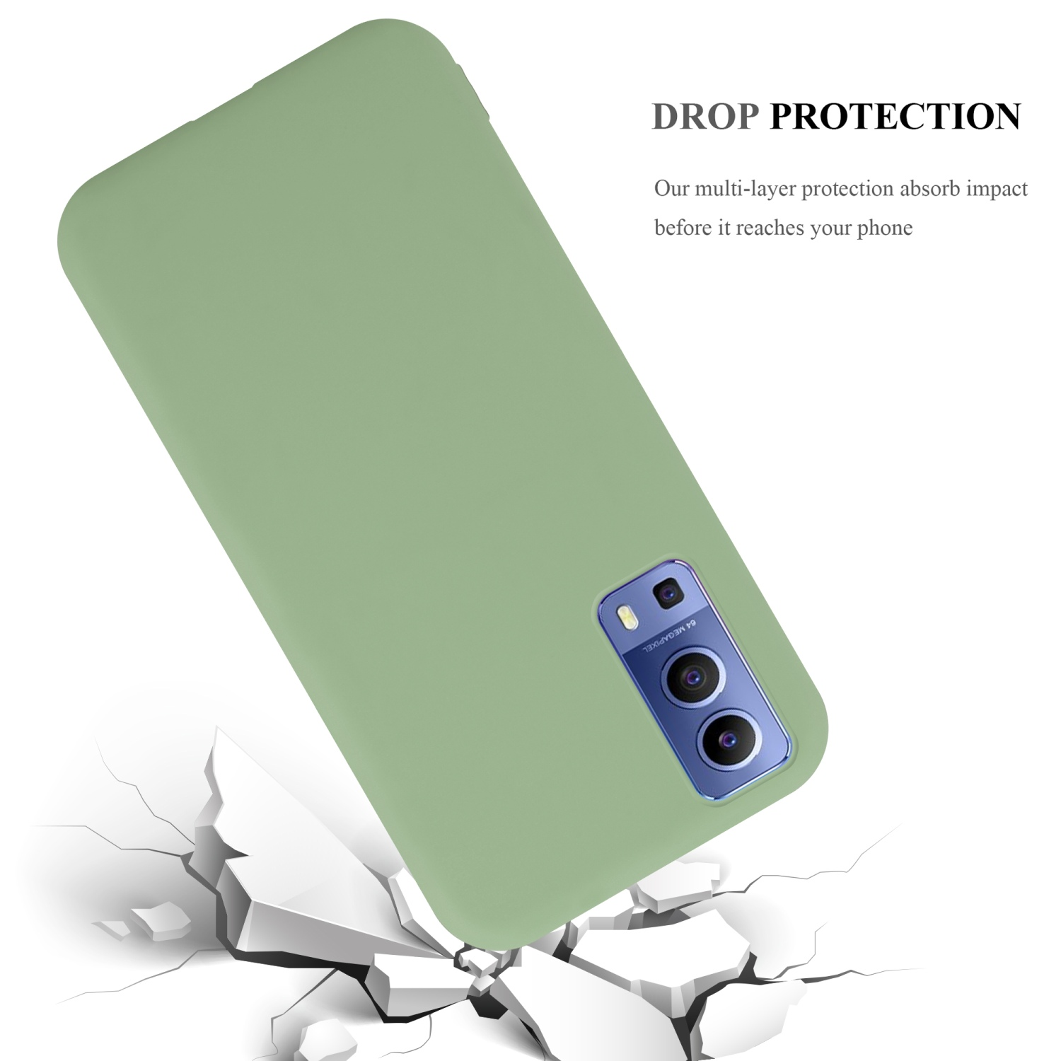 Una custodia per telefono verde chiaro, con la fotocamera del telefono visibile, che rompe uno sfondo bianco.