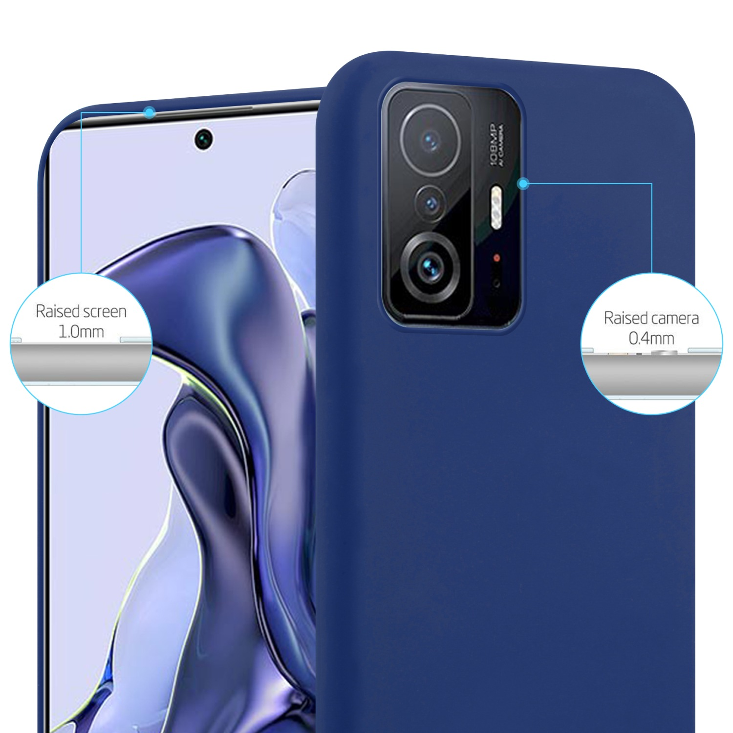 Blaue Handyhülle mit Telefon. Erhöhter Bildschirm und Kamera Details hervorgehoben. Text ist gezeigt.