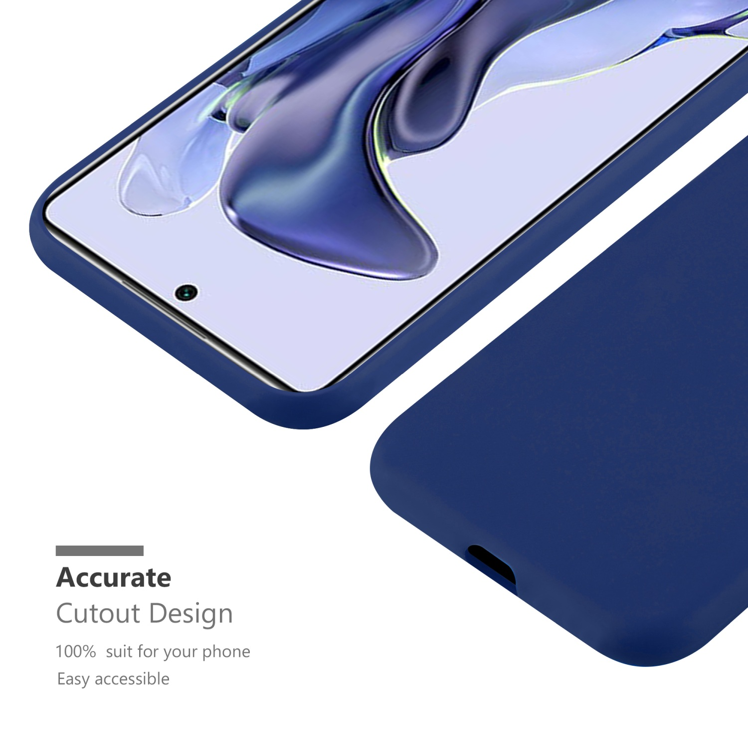 Blaue Handyhülle mit Bildschirm. Die Hülle ist glatt und hat ein Aussparungsdesign.
