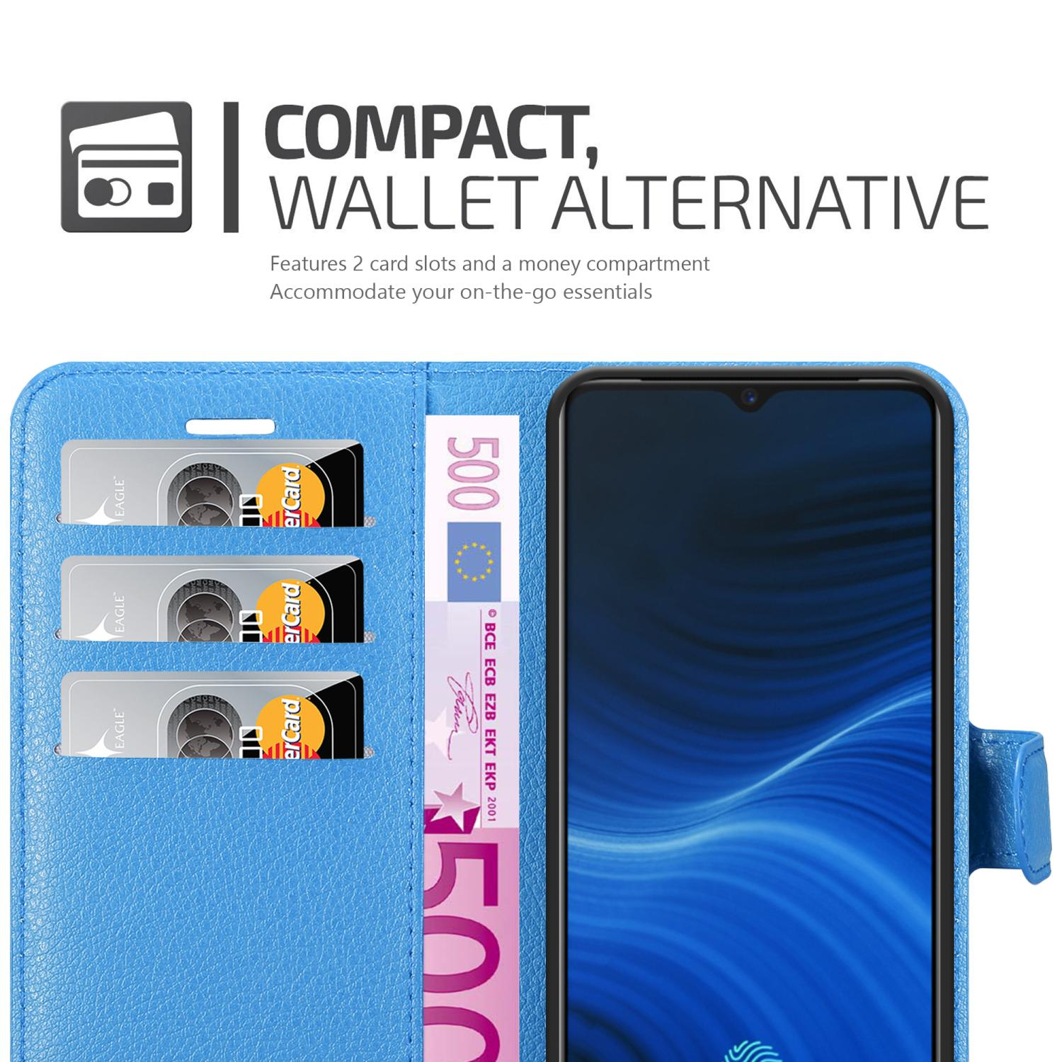 Custodia blu con carte e denaro. Testo: Alternativa portafoglio compatto.