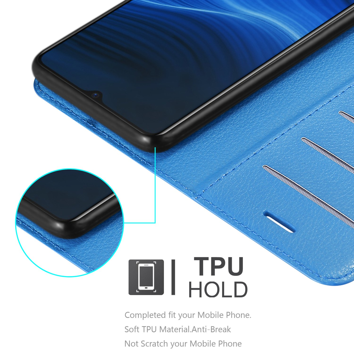 Custodia per telefono blu con un telefono all'interno. La custodia dice TPU Hold. Materiale TPU.