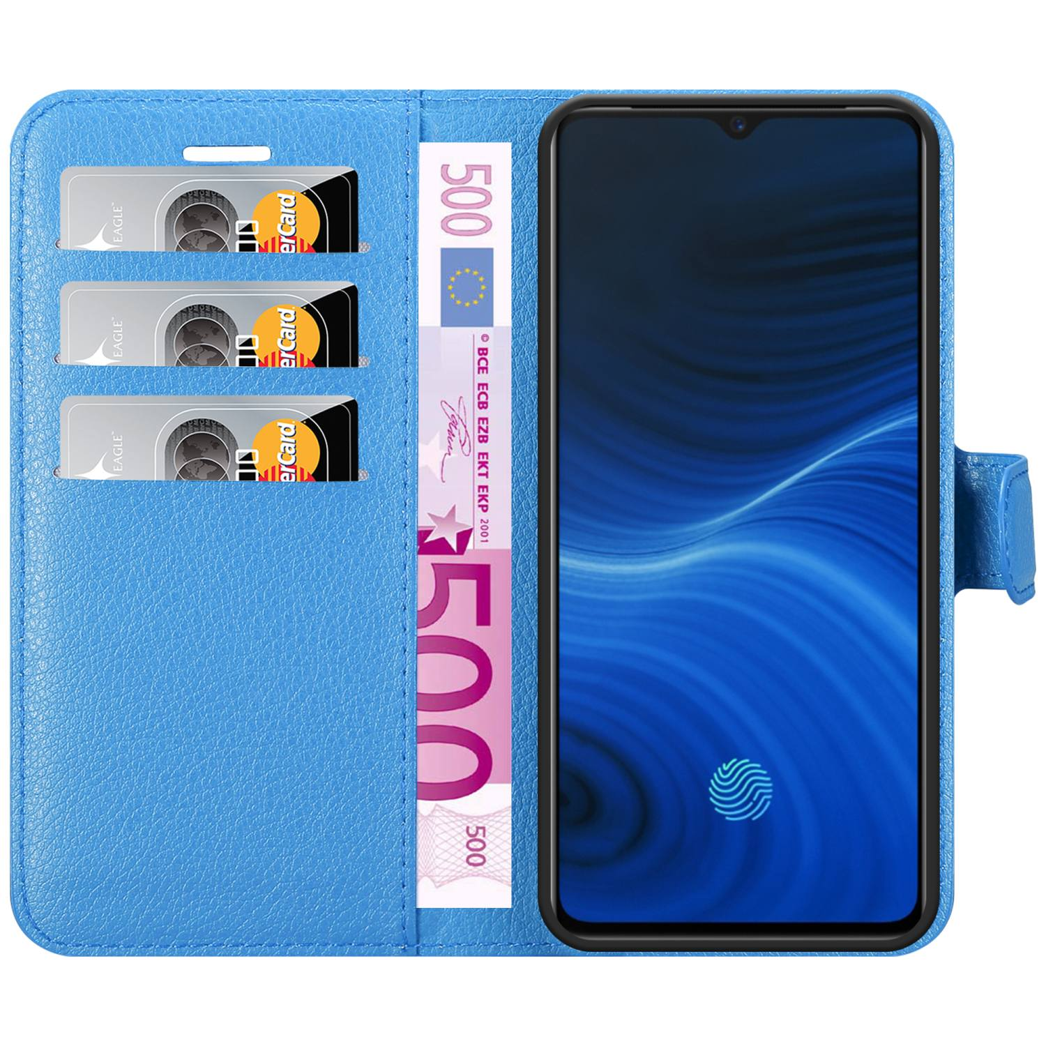 Custodia per telefono blu aperta con un telefono che mostra uno sfondo blu. Ci sono carte di credito e denaro all'interno.