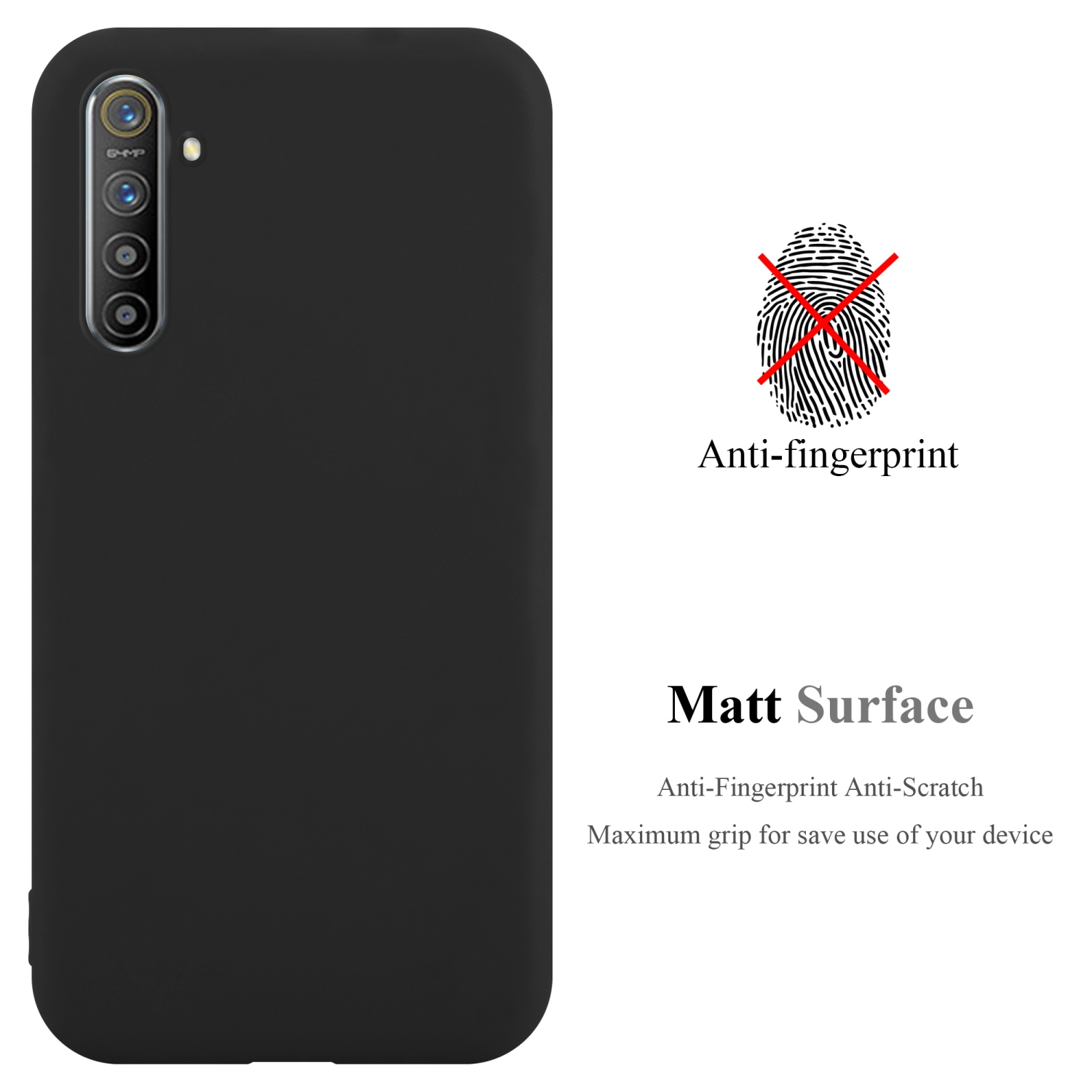Schwarze Handyhülle mit Telefon. Text zeigt Anti-Fingerabdruck und matte Oberfläche.