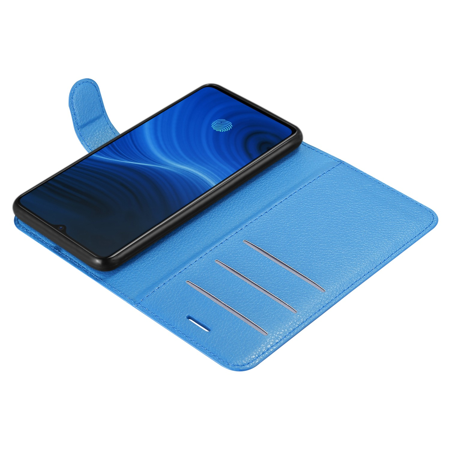 Custodia blu aperta con telefono dentro. Schermo mostra immagine blu. Tre fessure per carte.