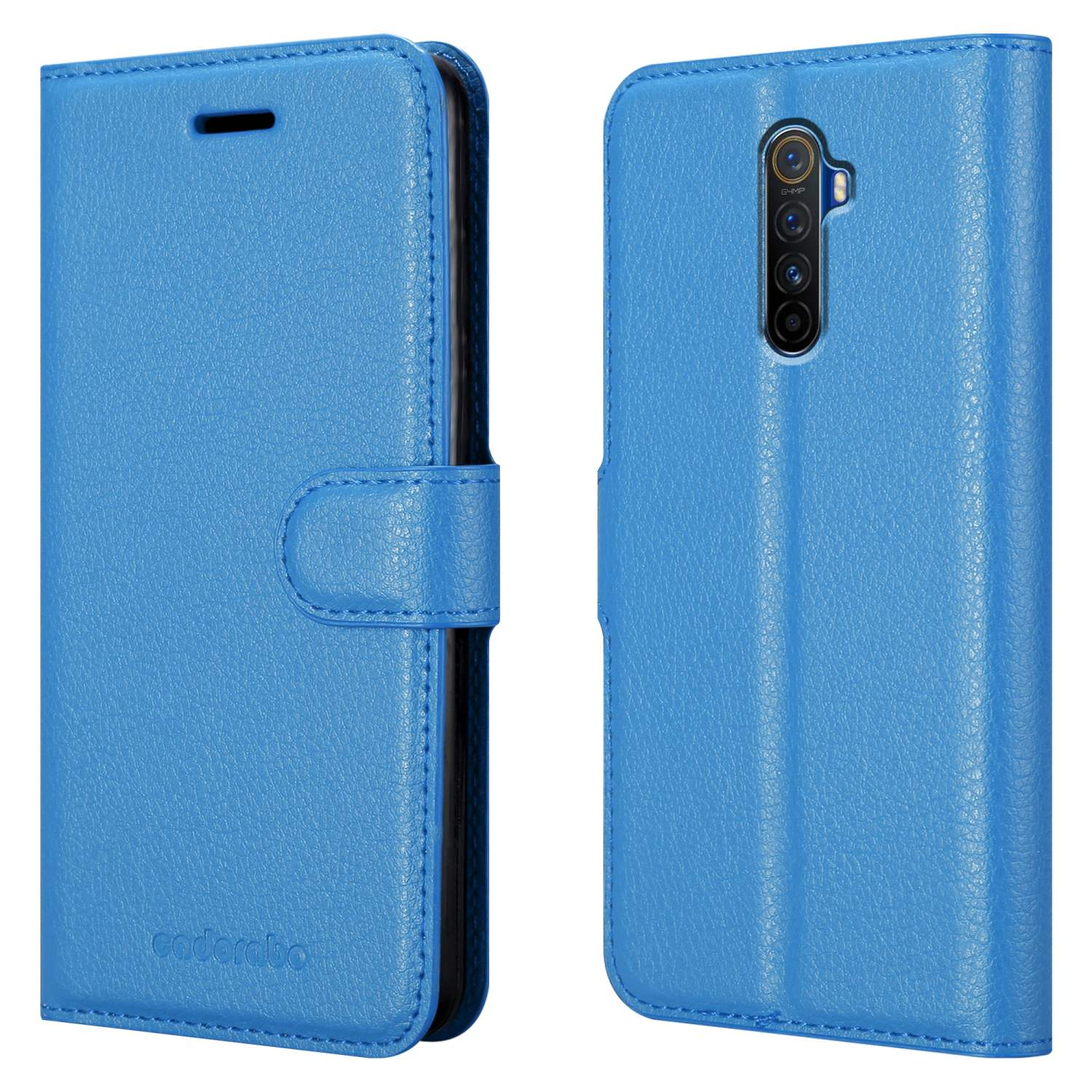 Custodia blu aperta con telefono dentro. Custodia chiusa a sinistra.