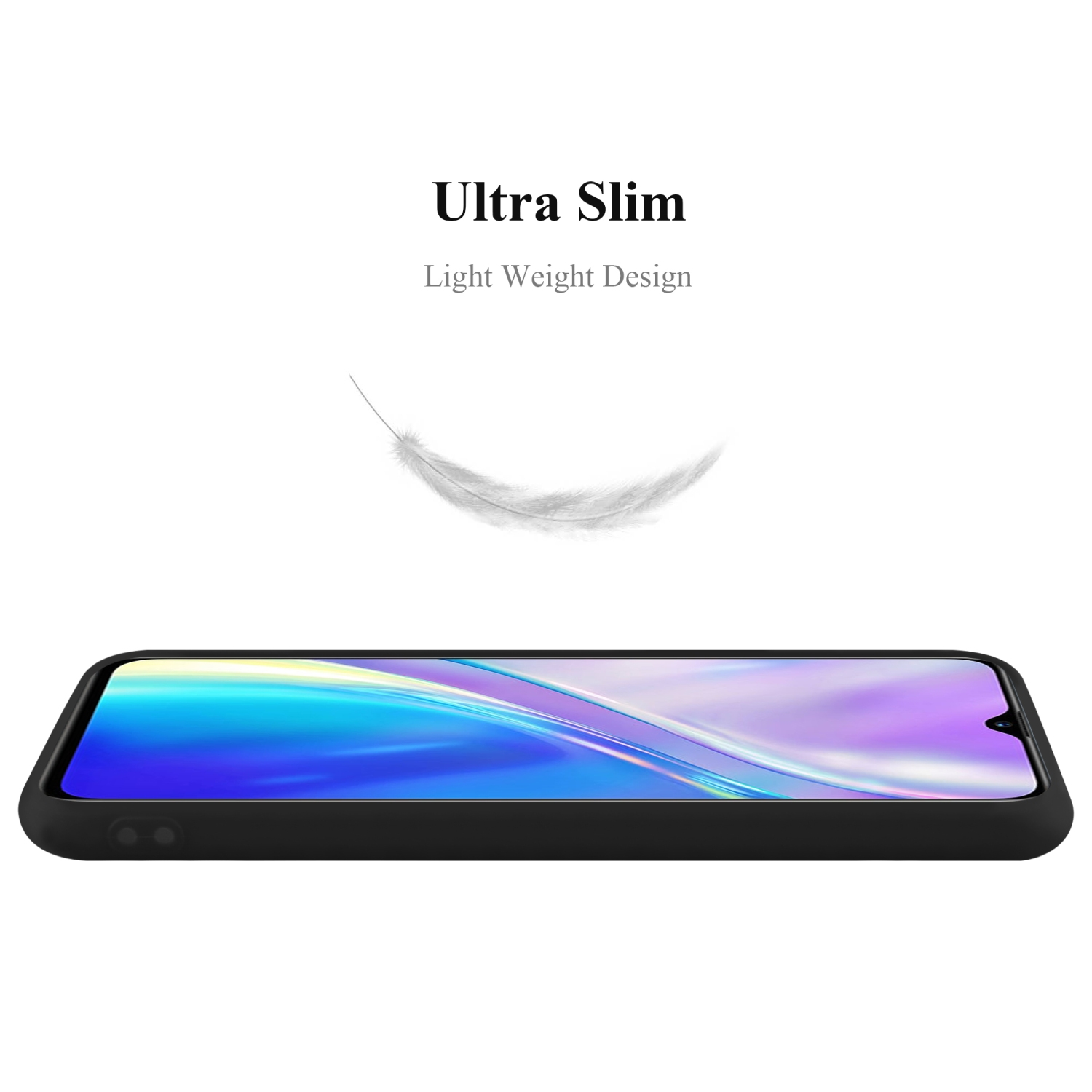 Schwarze Handyhülle mit Federgrafik. Das Telefon ist schwarz mit farbigem Bildschirm.