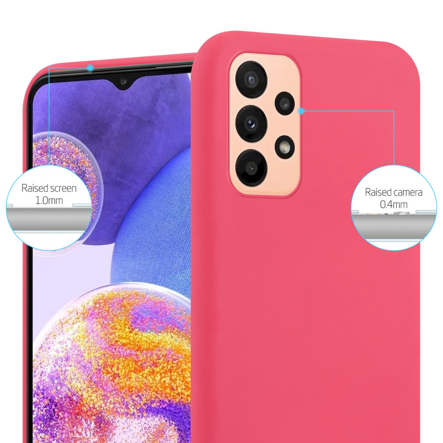Eine rosa Handyhülle mit erhöhtem Bildschirm und Kamera. Das Telefon ist im Gehäuse.