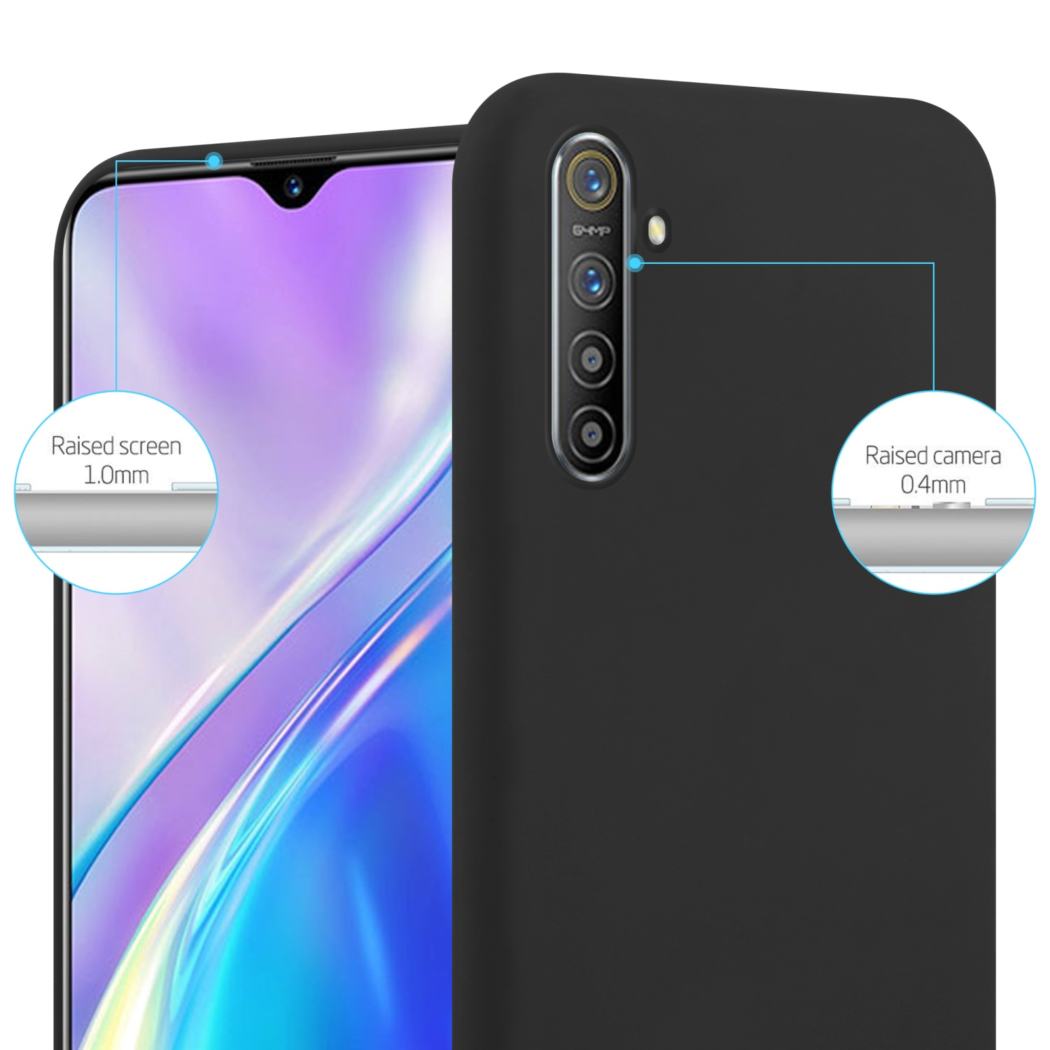Schwarze Handyhülle auf einem Telefon. Die Rückseite des Telefons mit Kamera und Bildschirmdetails wird gezeigt.