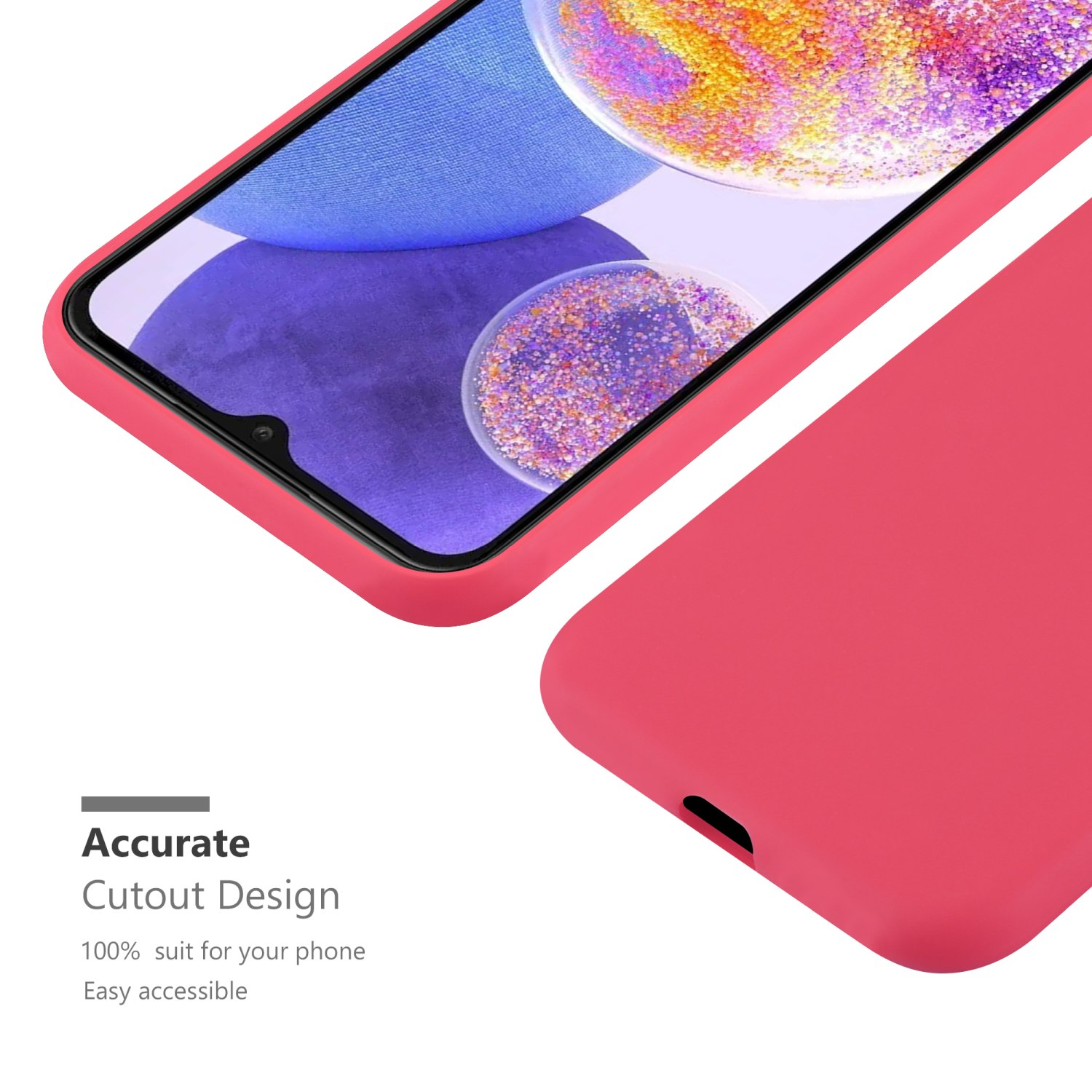 Rote Handyhülle und Telefon, Bildschirm zeigt blaues und lila Design.