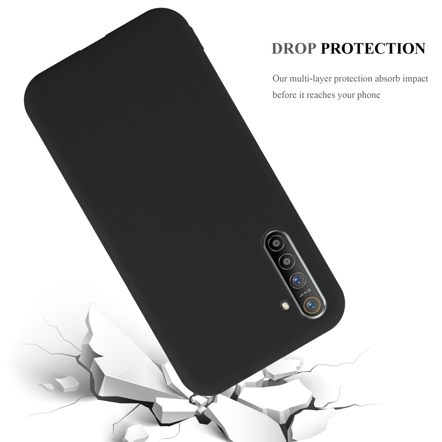 Schwarze Handyhülle mit Telefon, Risse darunter. Text: 'Drop Protection'. Stoßabsorption, bevor es das Telefon erreicht.