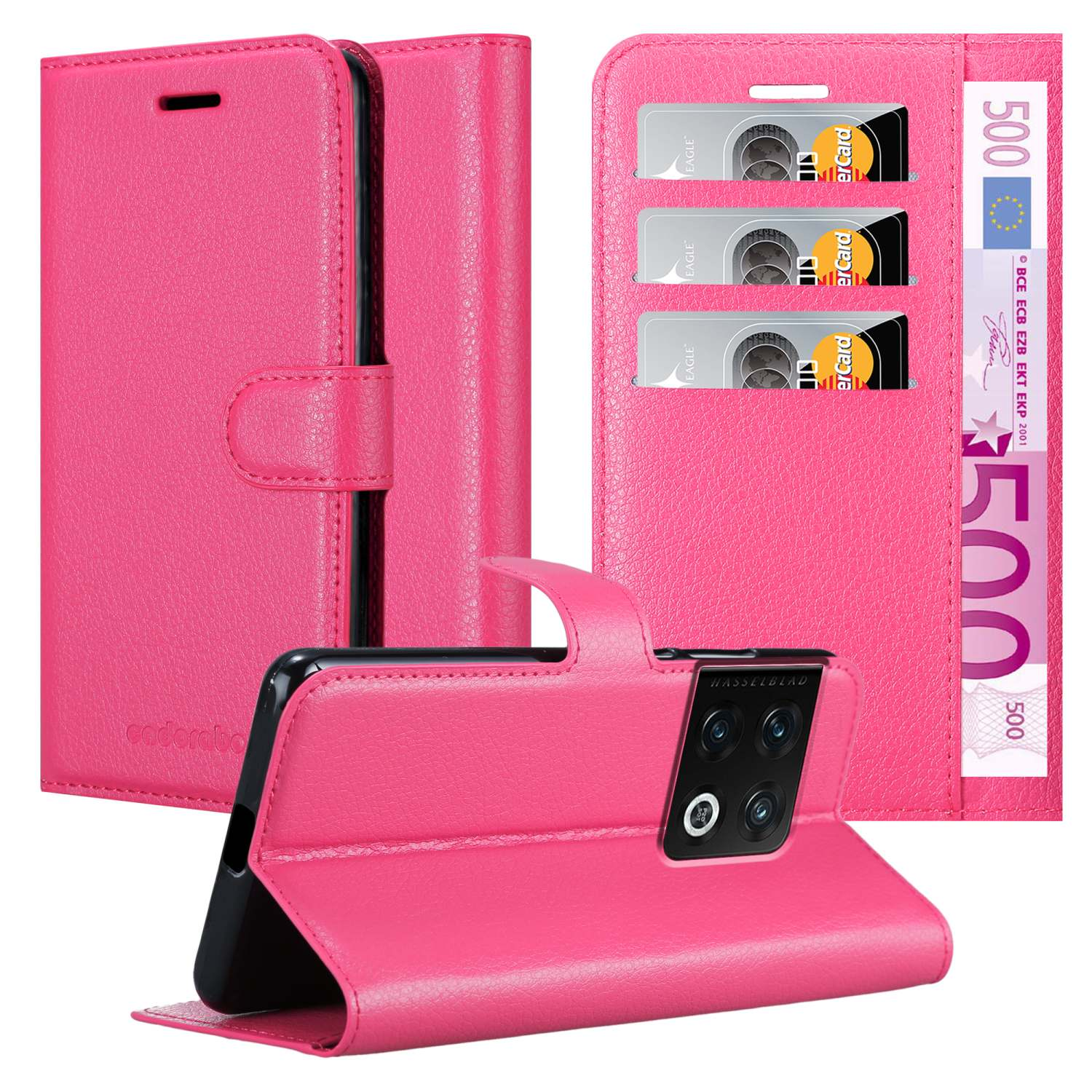 Custodia per telefono rosa con scomparti per carte e una banconota da 500 euro. Telefono nero all'interno.