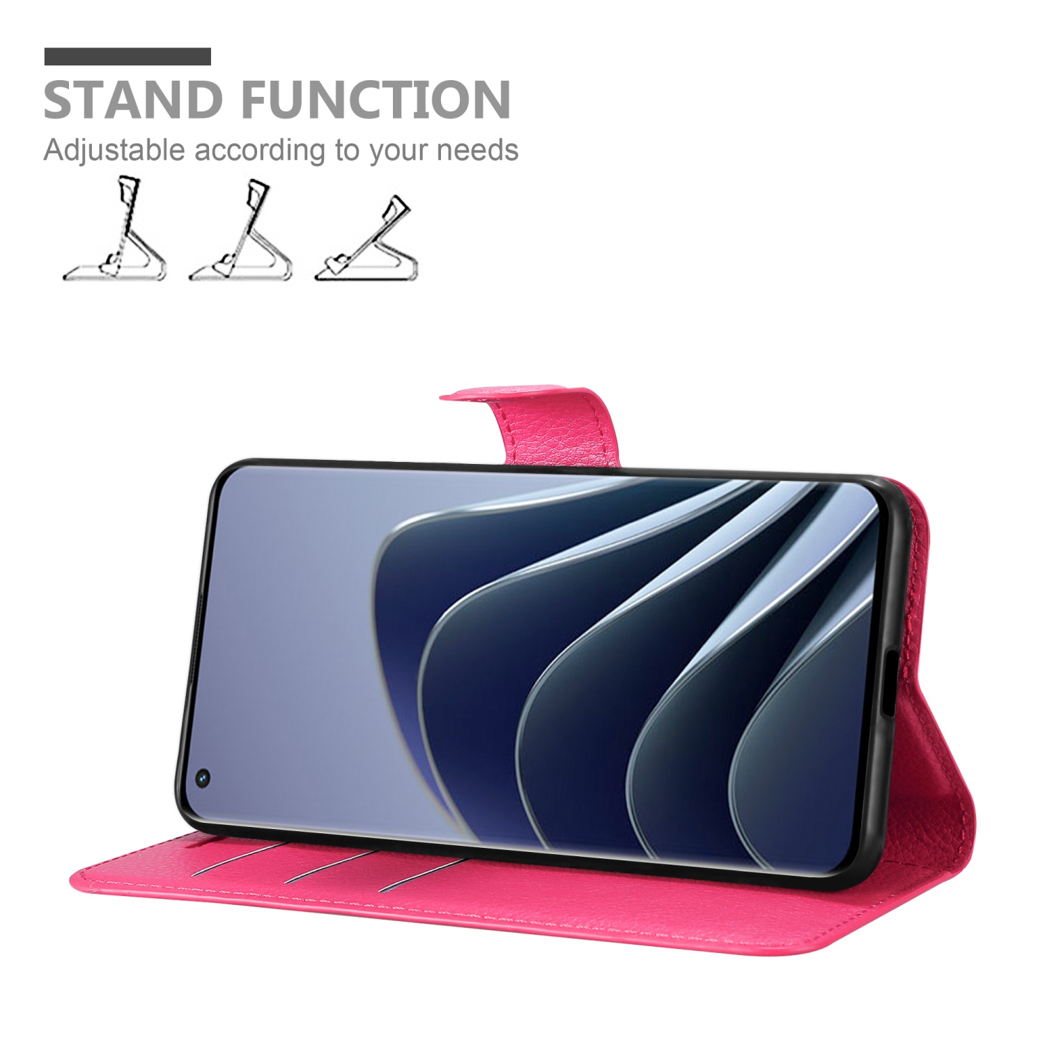 Custodia per telefono rosa con funzione supporto, che mostra un telefono. La custodia è aperta.