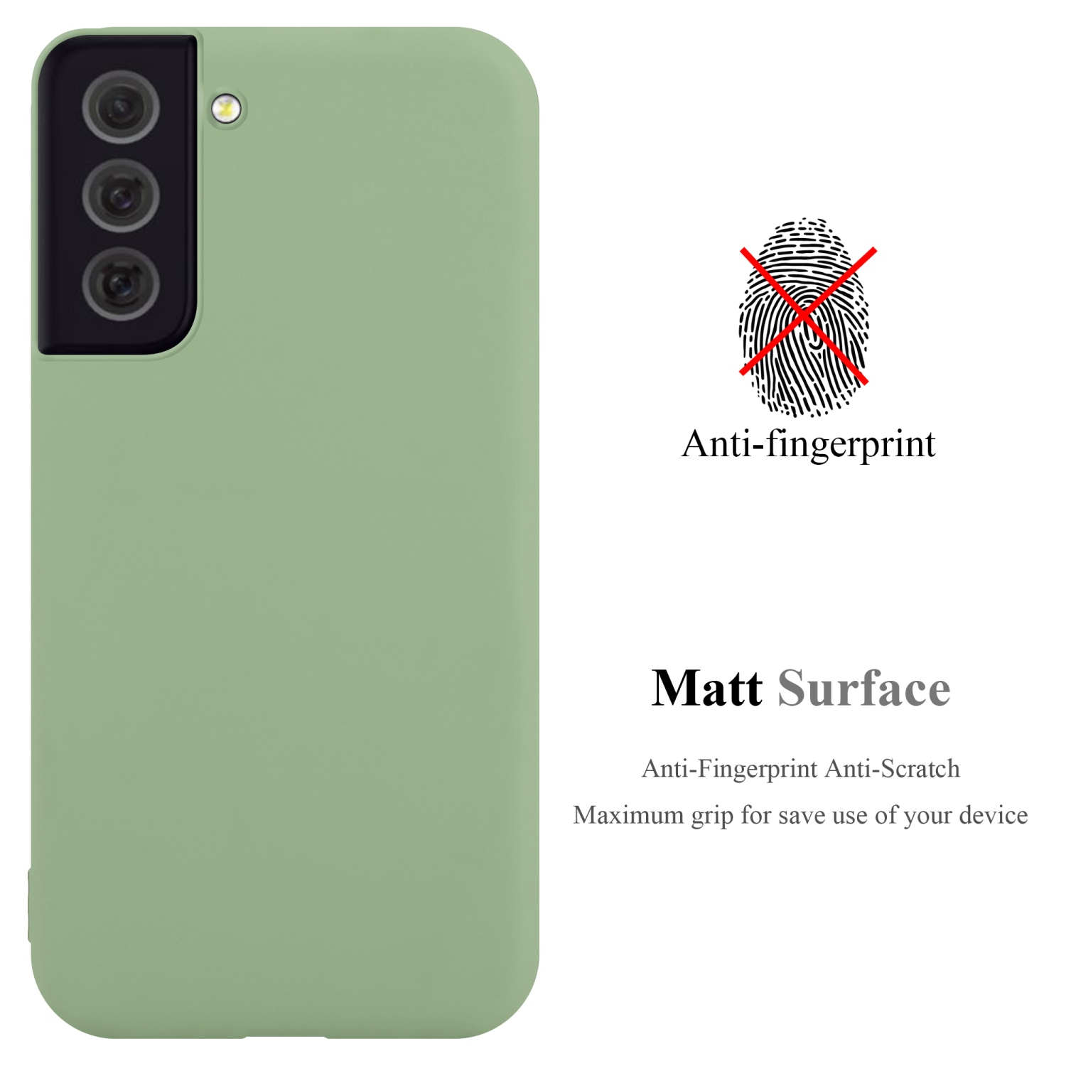 Hellgrüne Handyhülle mit einem Telefon. Die Hülle hat eine matte Oberfläche. Anti-Fingerabdruck und kratzfest.