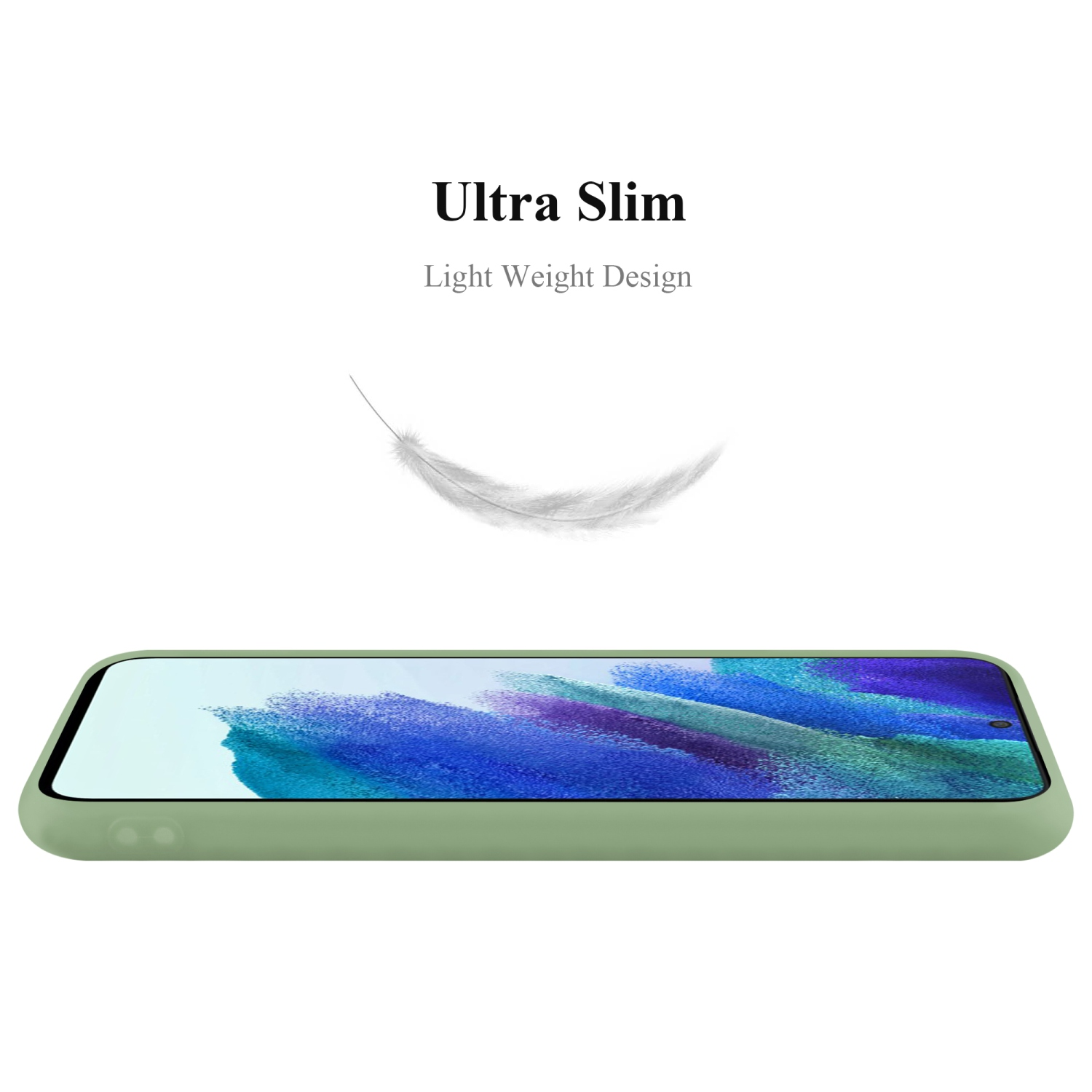Grüne Handyhülle, Seitenansicht. Eine Feder schwebt in der Luft. Text: Ultra Slim, leichtes Design.
