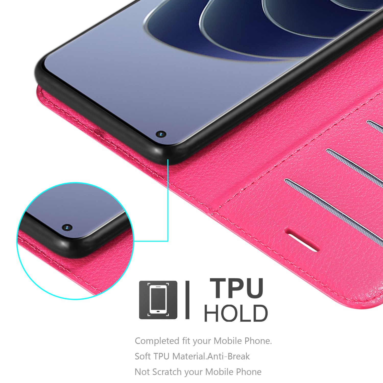 Telefono in una custodia rosa. La custodia è aperta, mostrando lo schermo del telefono e l'interno.