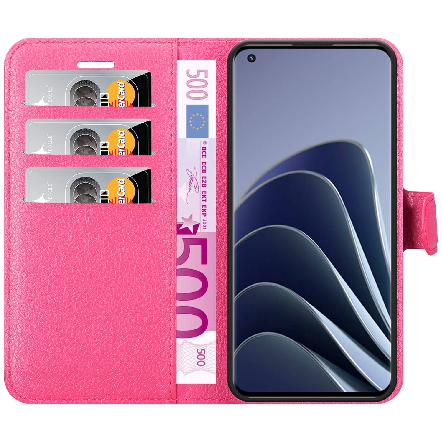 Portafoglio rosa per telefono. Include slot per carte e una banconota da 500 euro. Telefono visibile all'interno.