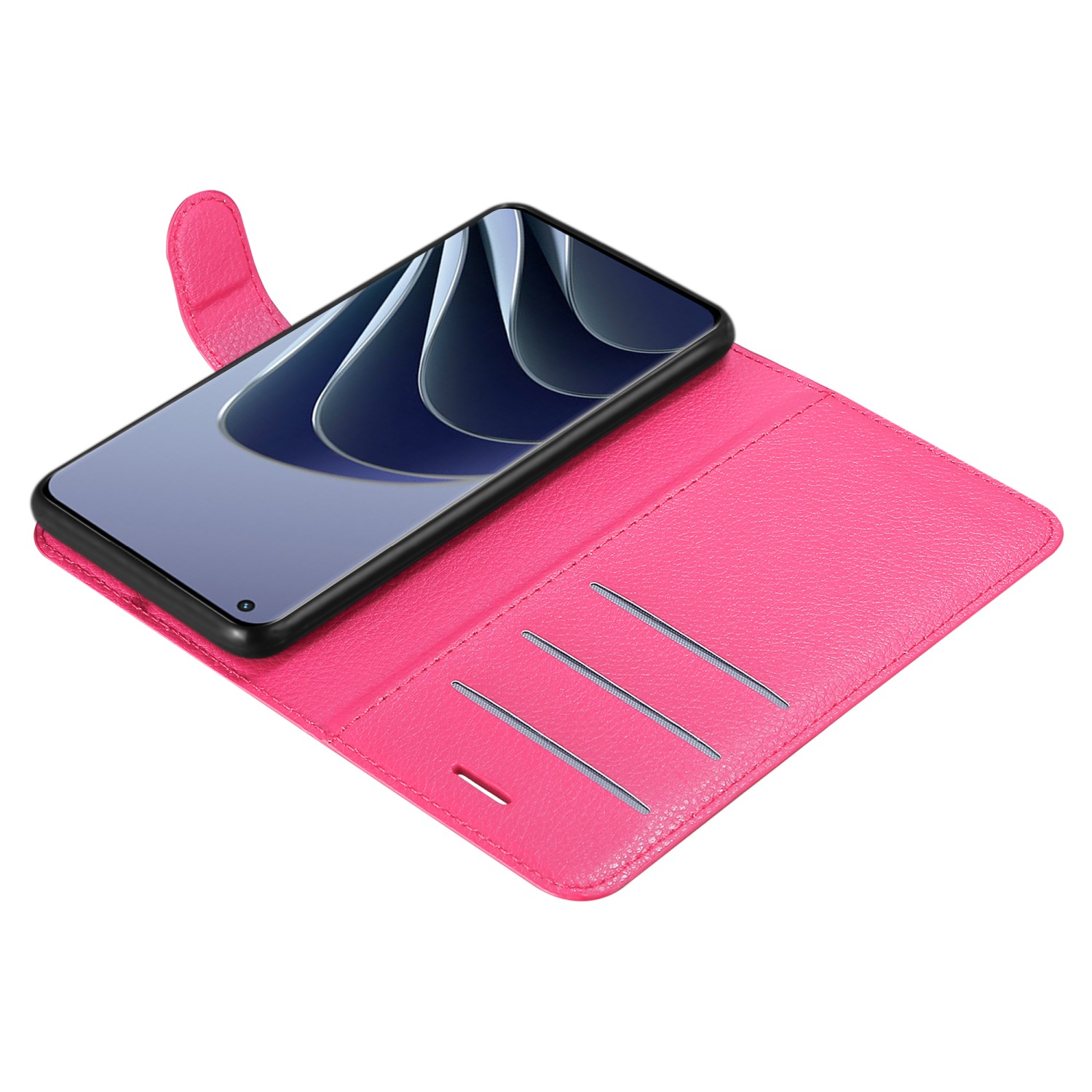 Una custodia per telefono rosa è aperta. Il telefono all'interno ha un display ondulato. Ci sono fessure per carte.