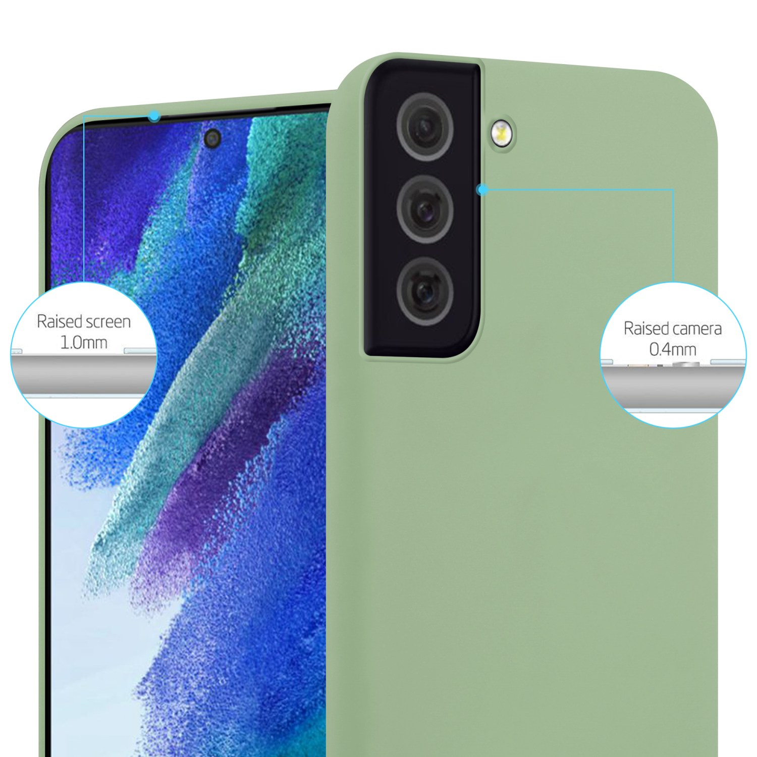 Grüne Handyhülle mit Telefon darin. Die Hülle hat erhöhte Bildschirm- und Kameraschutzdetails. Weißer Hintergrund.