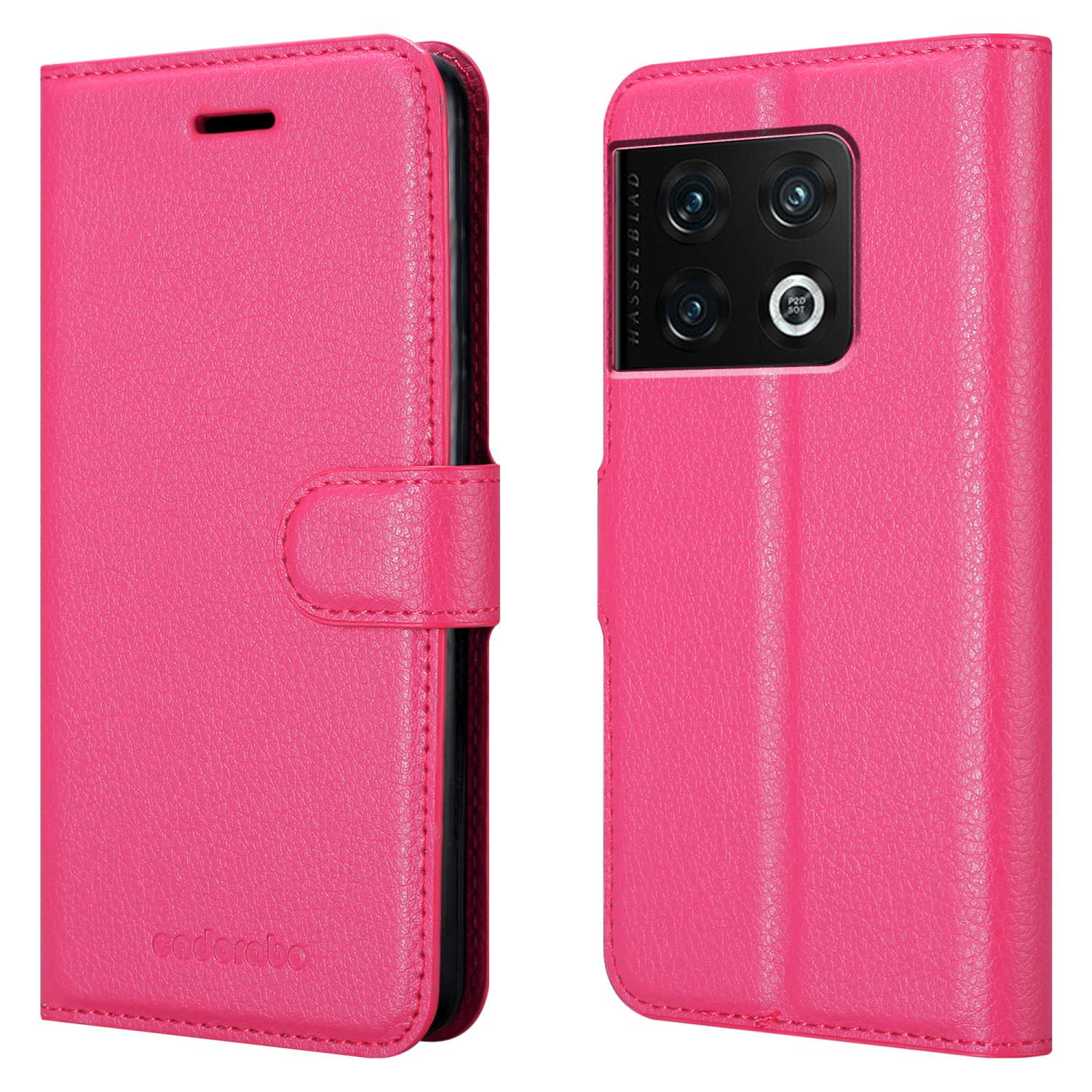 Custodia rosa, aperta, mostrando un telefono all'interno. Chiusura magnetica.