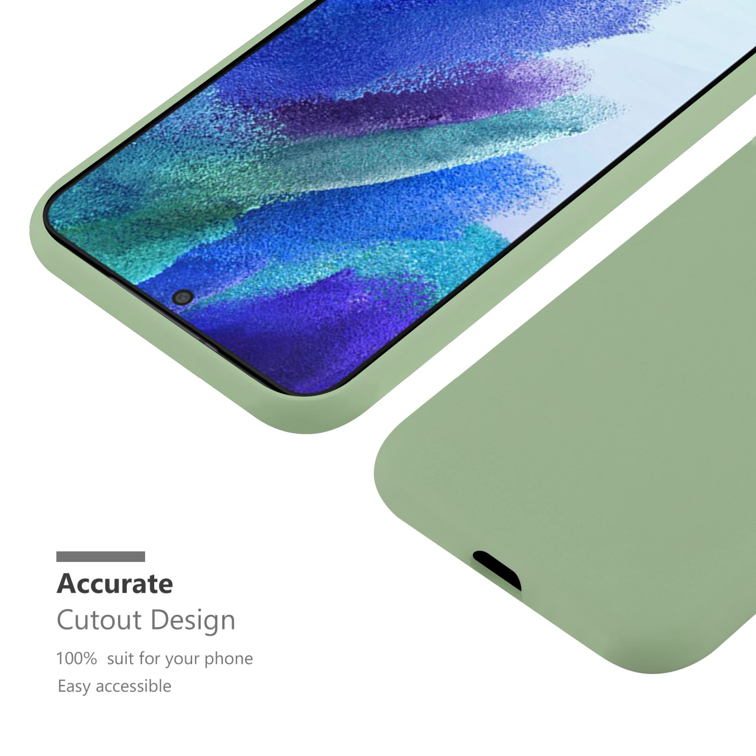 Grüne Handyhülle. Präzises Ausschnittdesign. Text: Präzises Ausschnittdesign, 100 % passend für Ihr Telefon, leicht zugänglich.