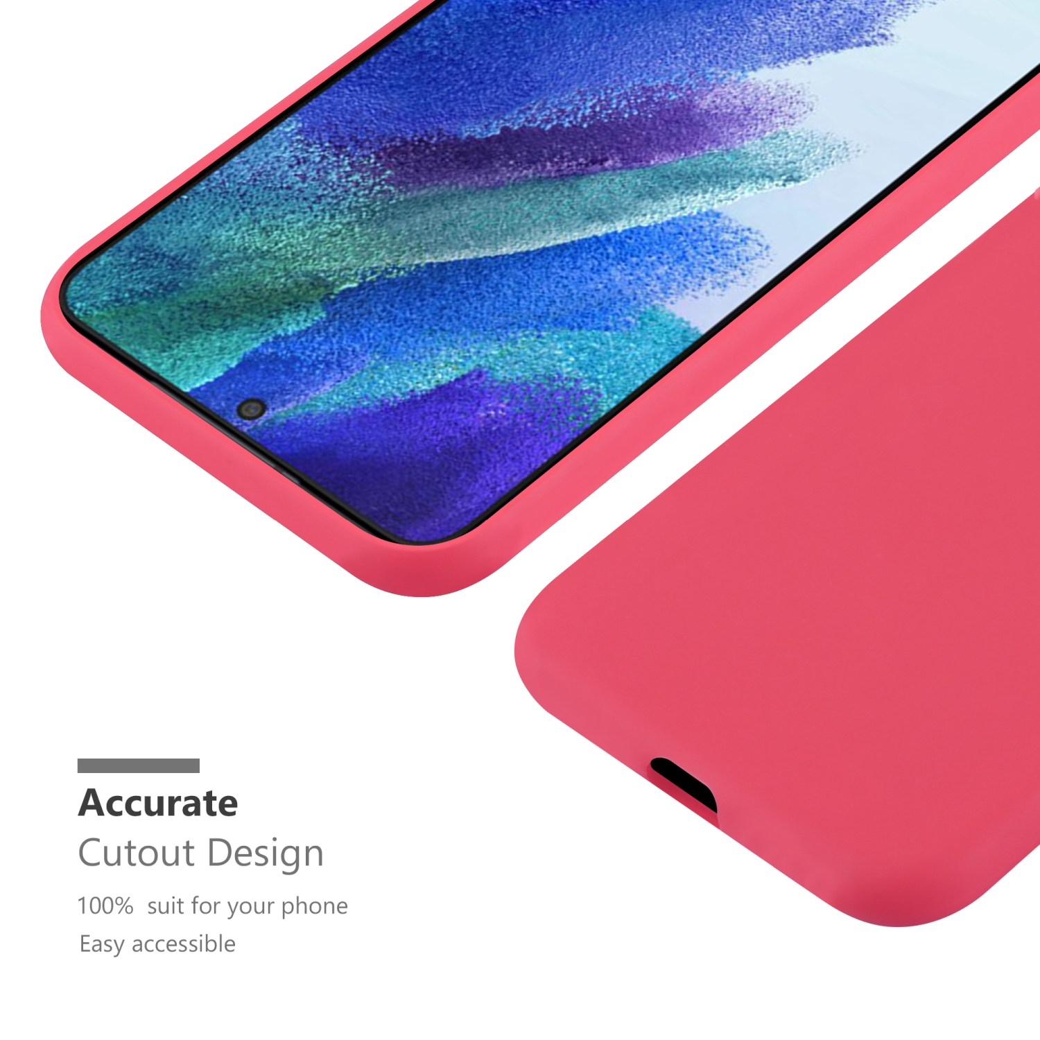 Rote Handyhülle. Telefonbildschirm mit rosa Hintergrund. Ausschnitt-Design hervorgehoben.