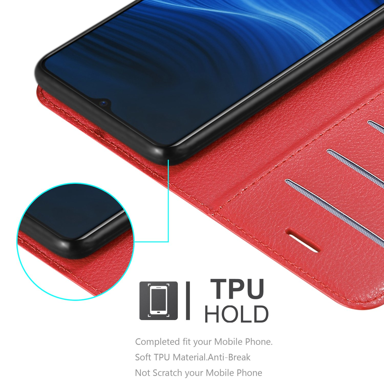 Custodia per telefono rossa con telefono all'interno. Testo TPU HOLD, materiale morbido, anti-rottura.