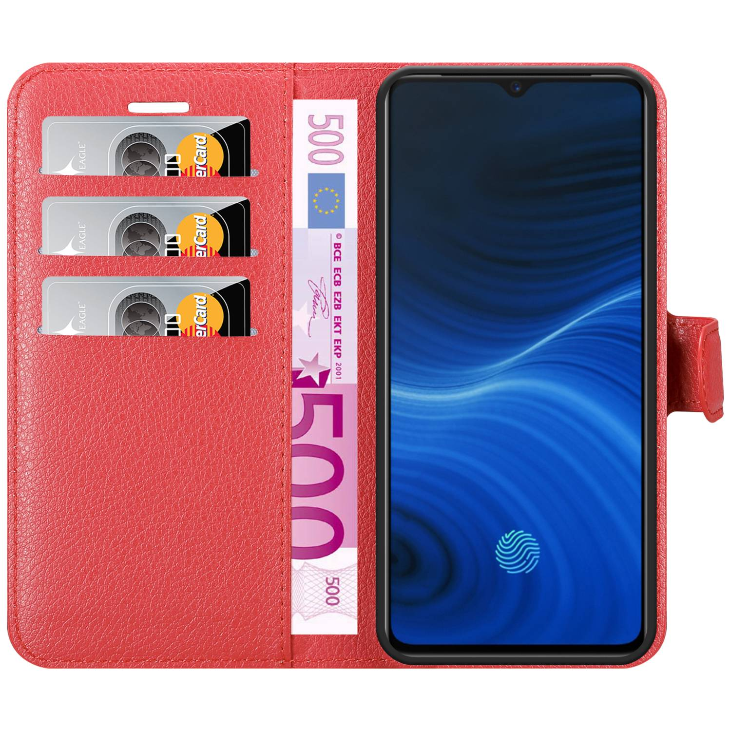 Custodia per telefono rossa con carte e denaro all'interno. Il telefono mostra un'impronta digitale blu.