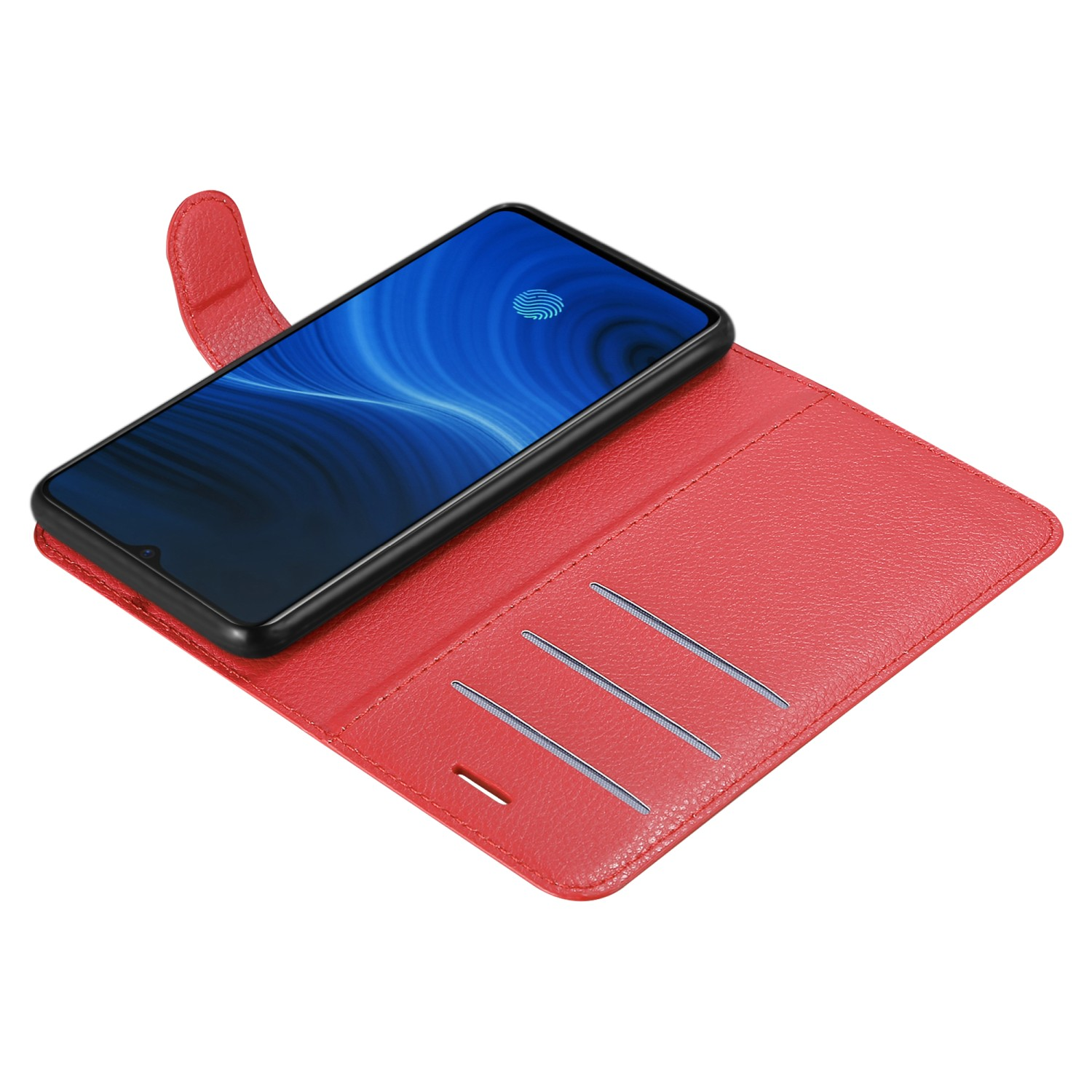 Una custodia rossa aperta che mostra un telefono nero con schermo blu e tre slot per schede su sfondo bianco.