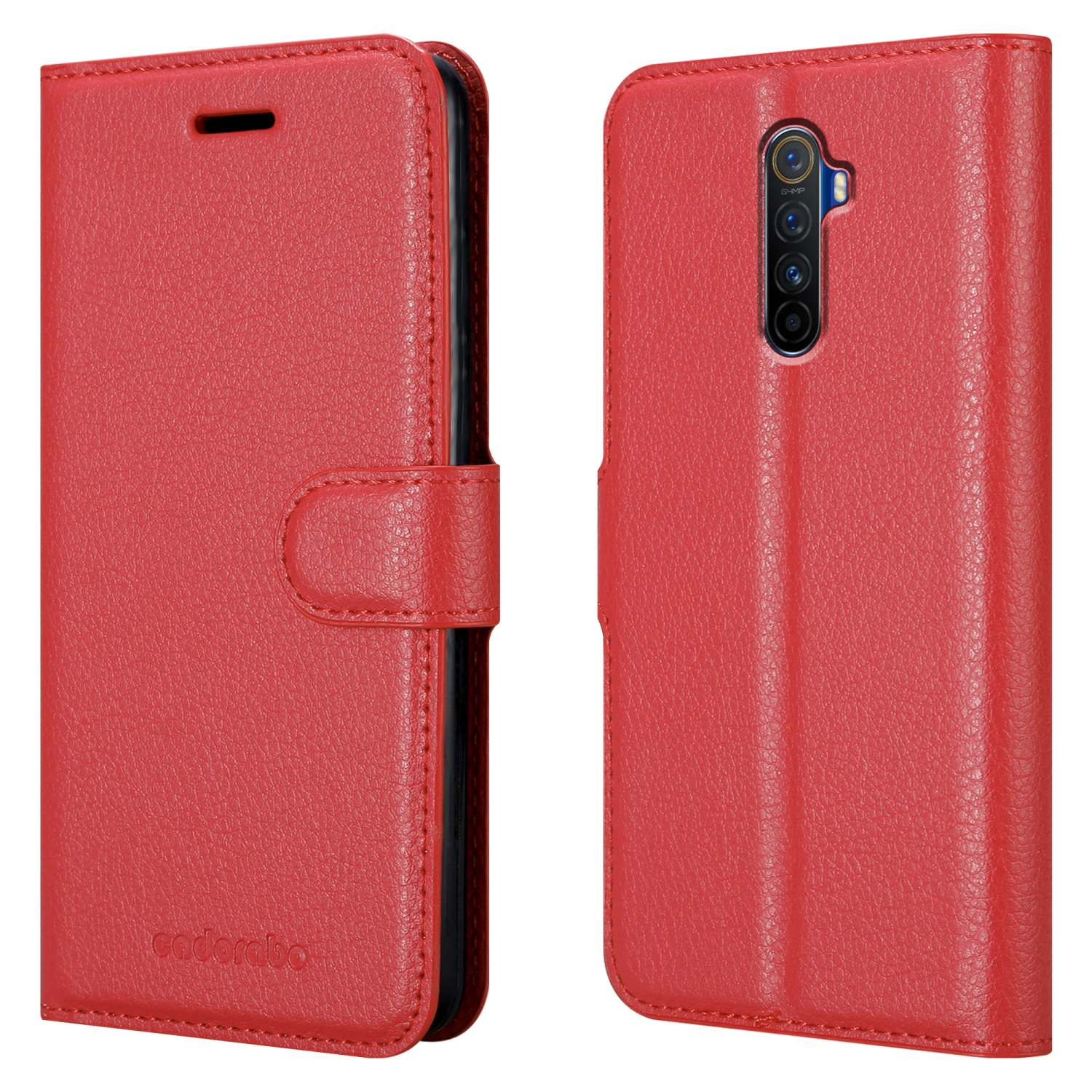 Una custodia per telefono rossa con un telefono all'interno. Lo sfondo è bianco.