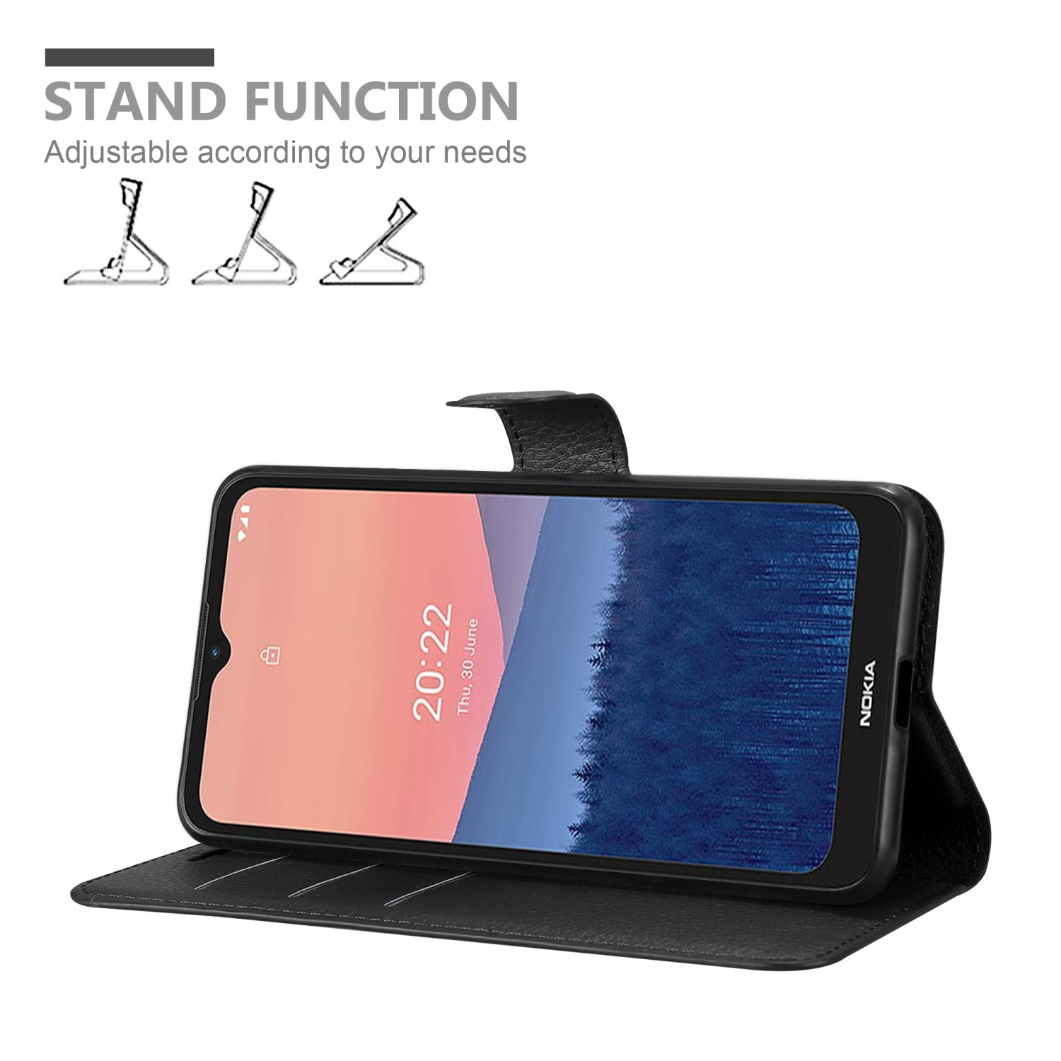 Custodia nera con telefono dentro, aperta. Mostra schermo e funzione supporto.