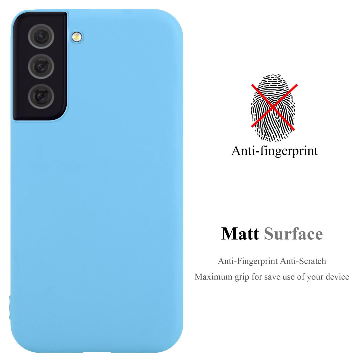 Hellblaue Handyhülle. Ein Fingerabdruck ist durchgestrichen. Die Hülle hat eine matte Oberfläche, Anti-Fingerabdruck und Kratzer.