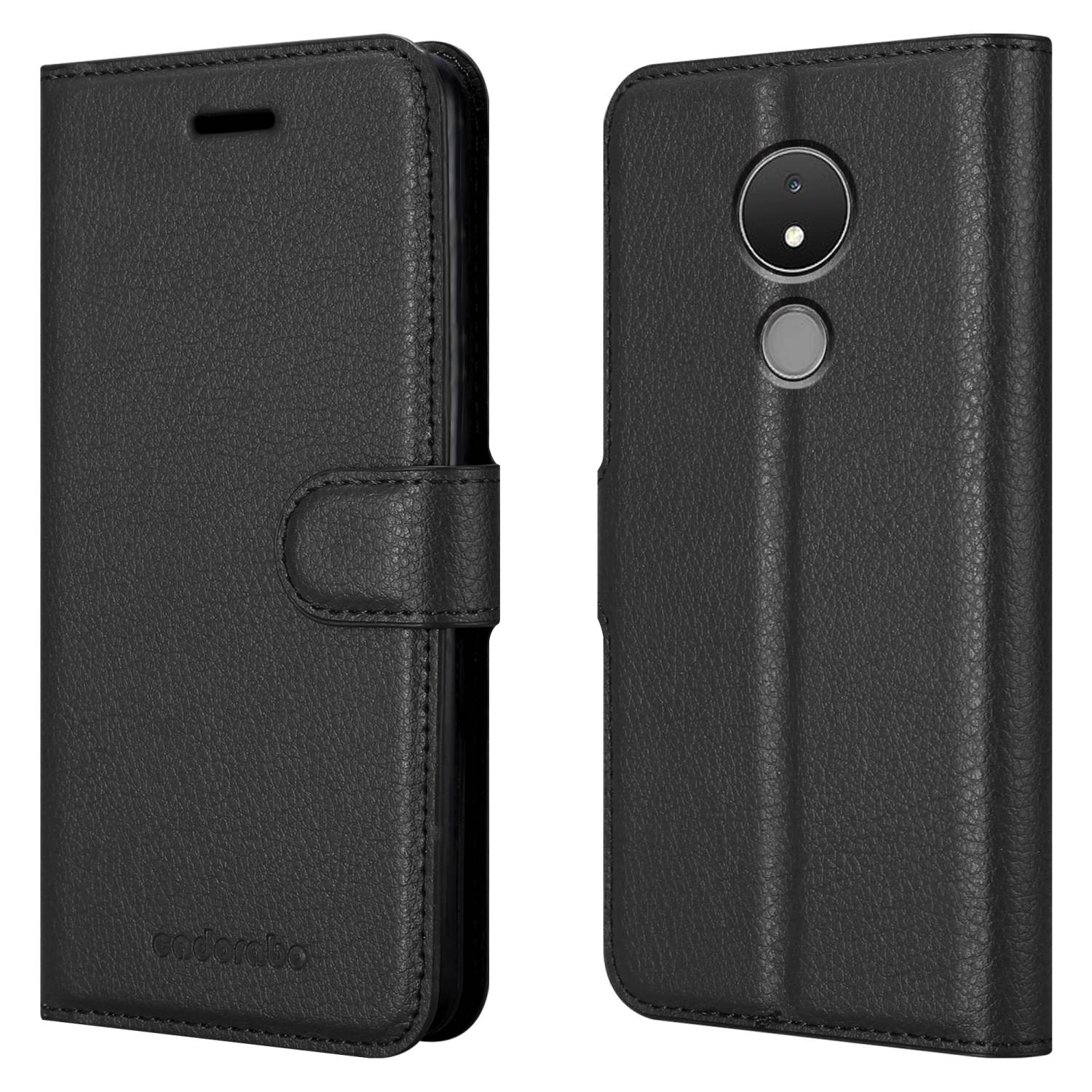Custodia per telefono nera, chiusa, con chiusura magnetica. Il retro mostra una fotocamera e un flash.