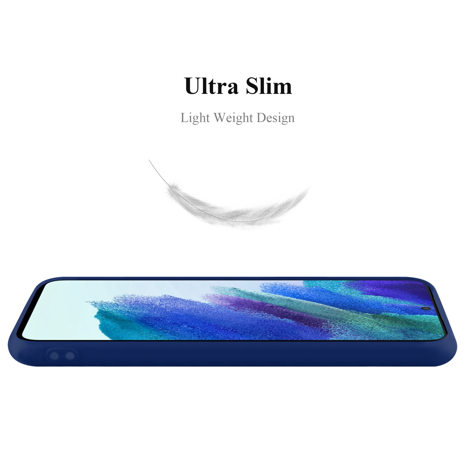 Blaue Handyhülle mit Telefon. Eine Feder in der Luft. Das Telefon ist sichtbar.