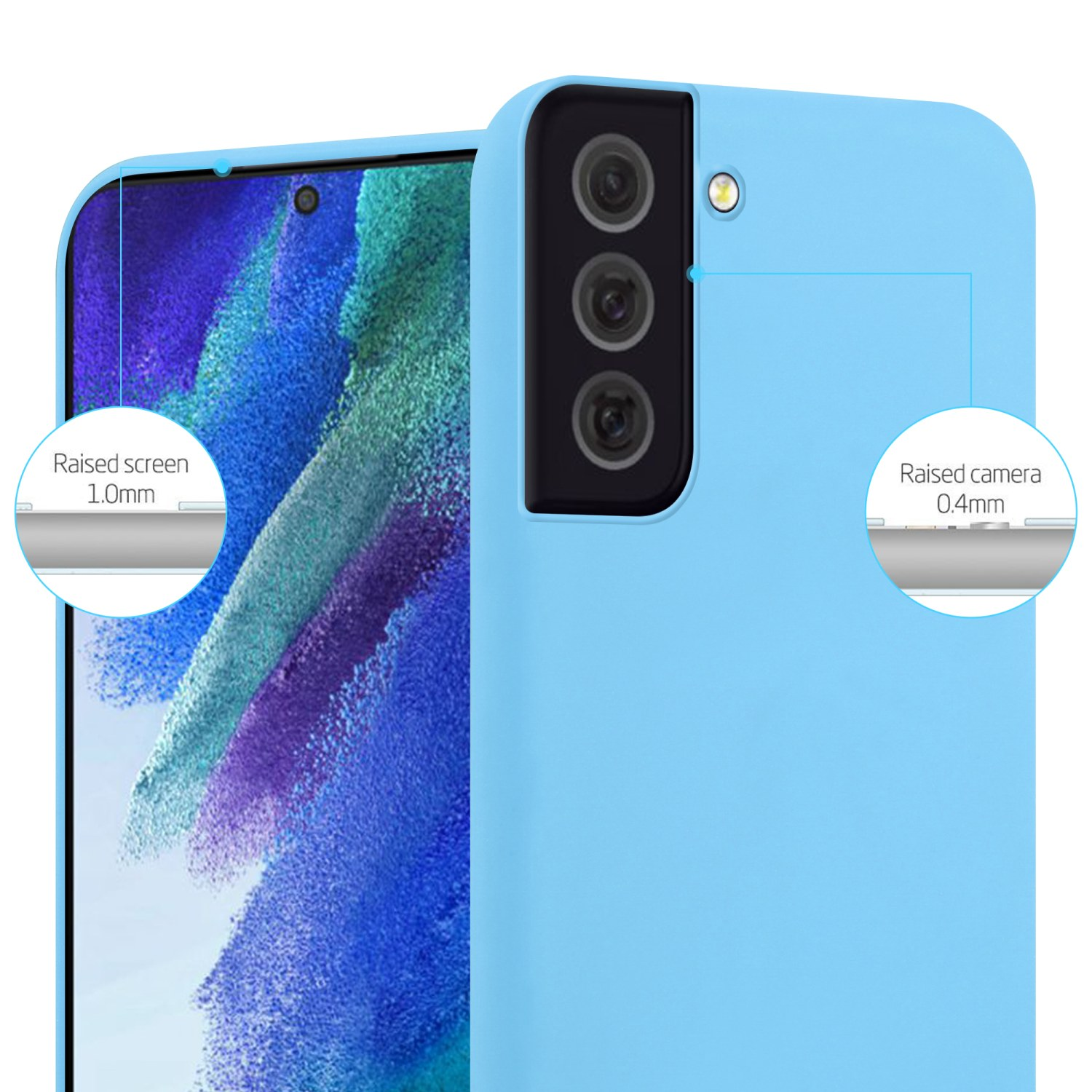 Eine blaue Handyhülle mit einem Telefon darin. Die Hülle hat erhöhte Bildschirm- und Kameraränder.