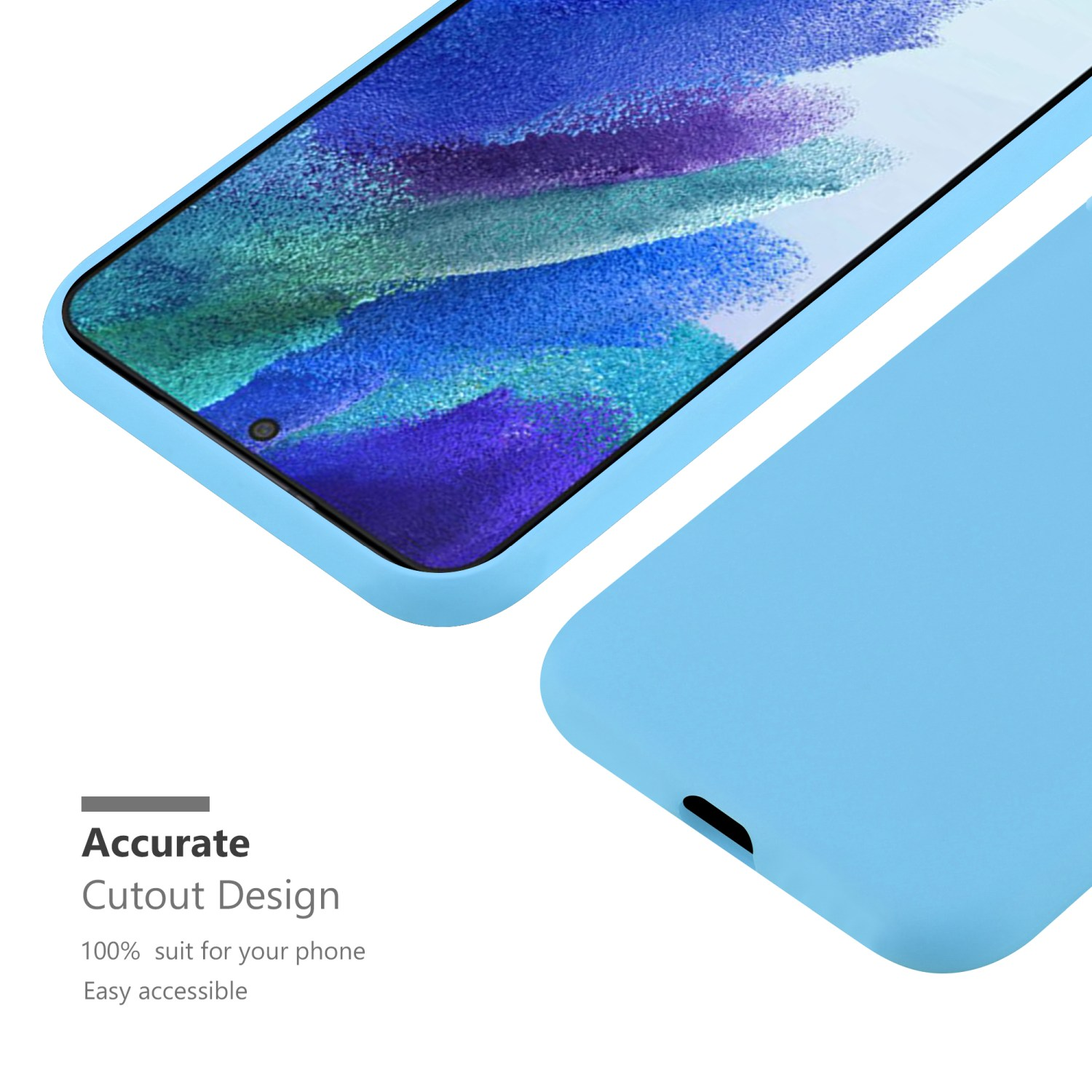Hellblaue Handyhülle, Telefon innen, Nahaufnahme. Text: Präzises Ausschnitt-Design. Weißer Hintergrund.