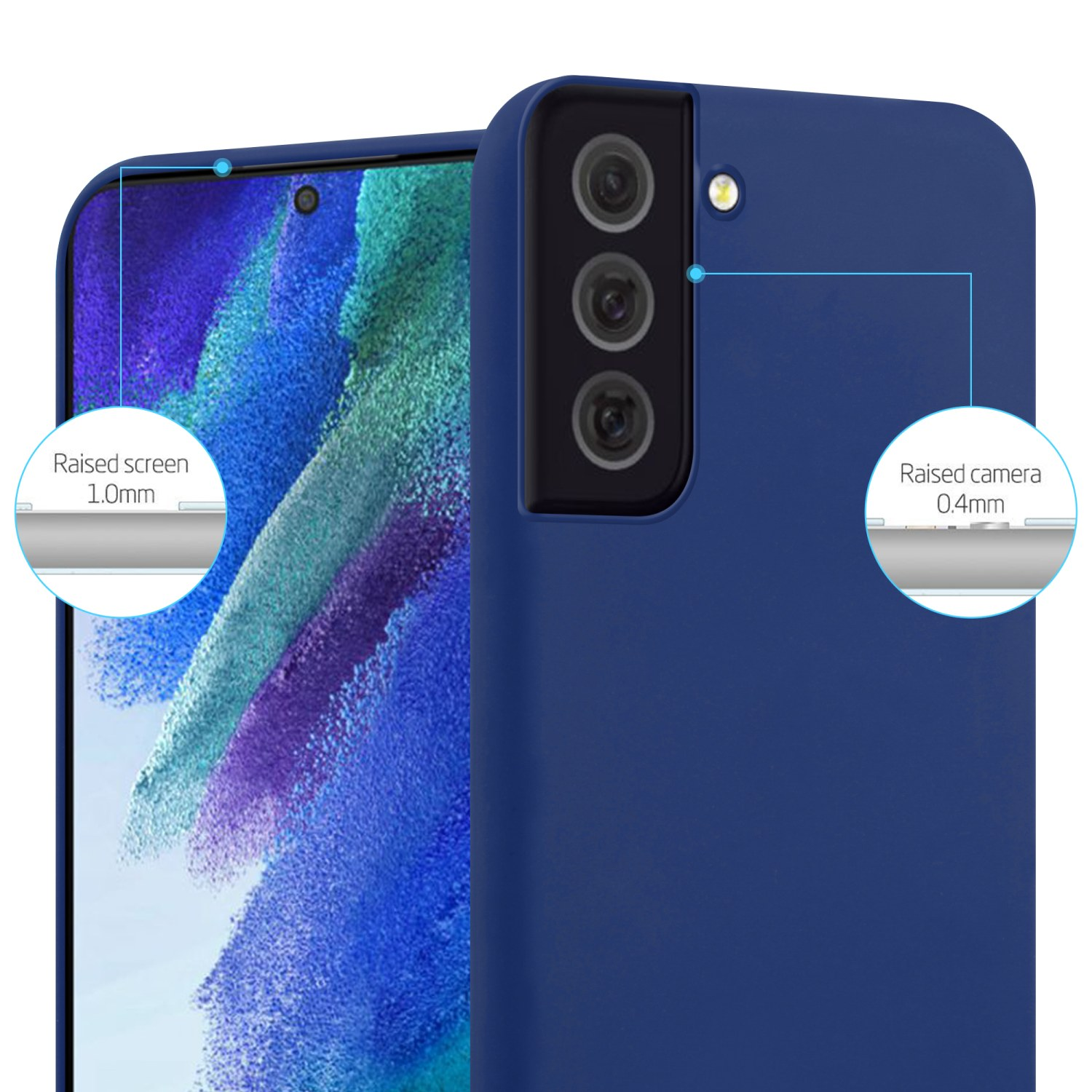 Blaue Handyhülle mit Telefon. Erhöhter Kamera- und Bildschirmschutz. Weißer Hintergrund.