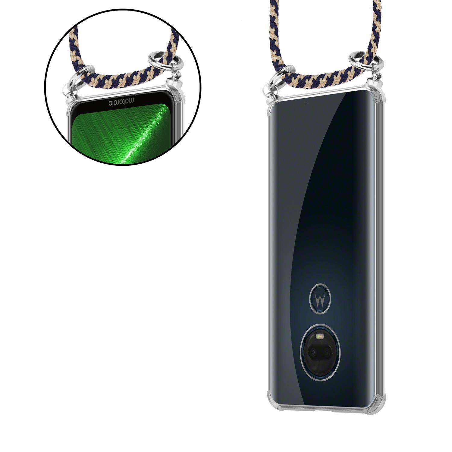 Telefon in transparenter Hülle mit Lanyard. Gestreiftes Lanyard. Motorola-Logo.